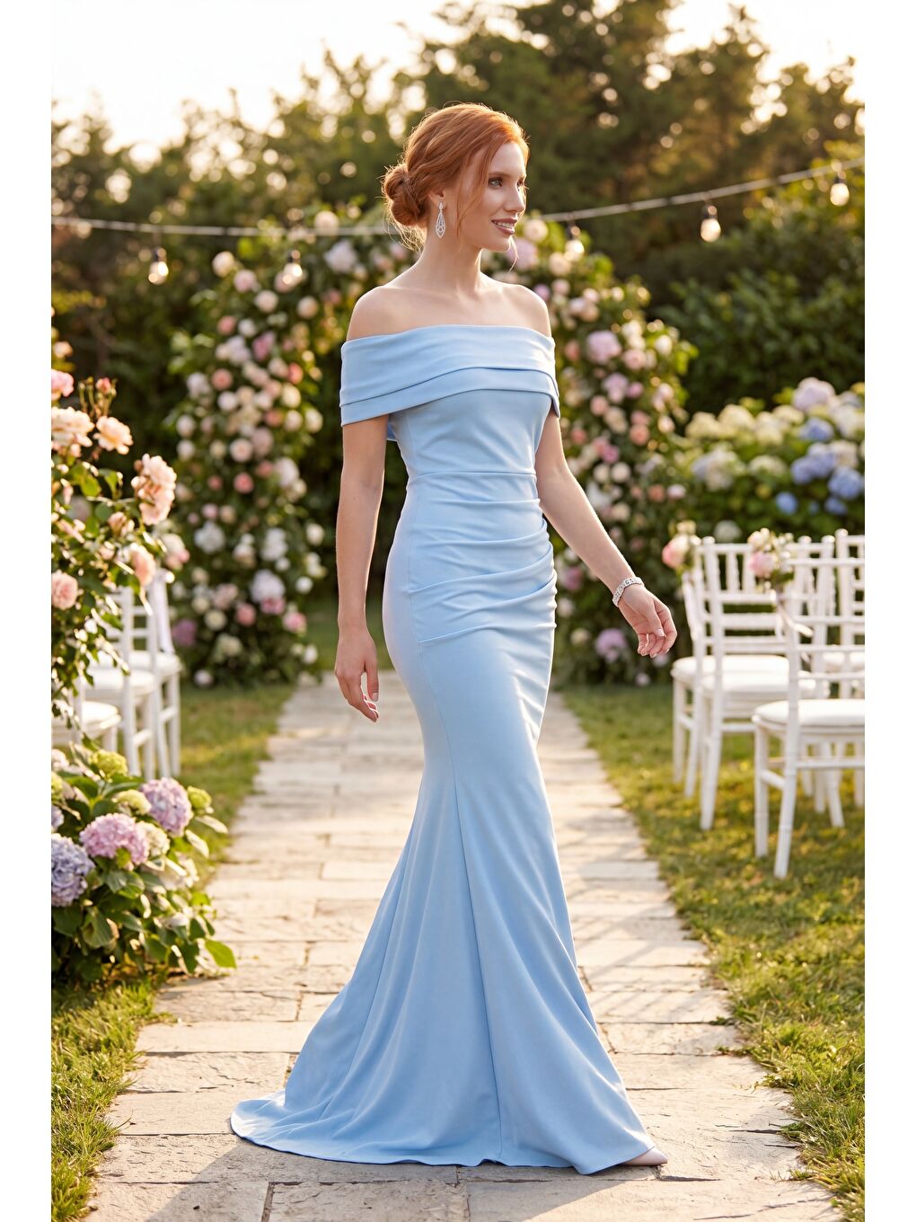 Kadın Bebe Mavi Kayık Yaka Uzun Abiye Elbise-4