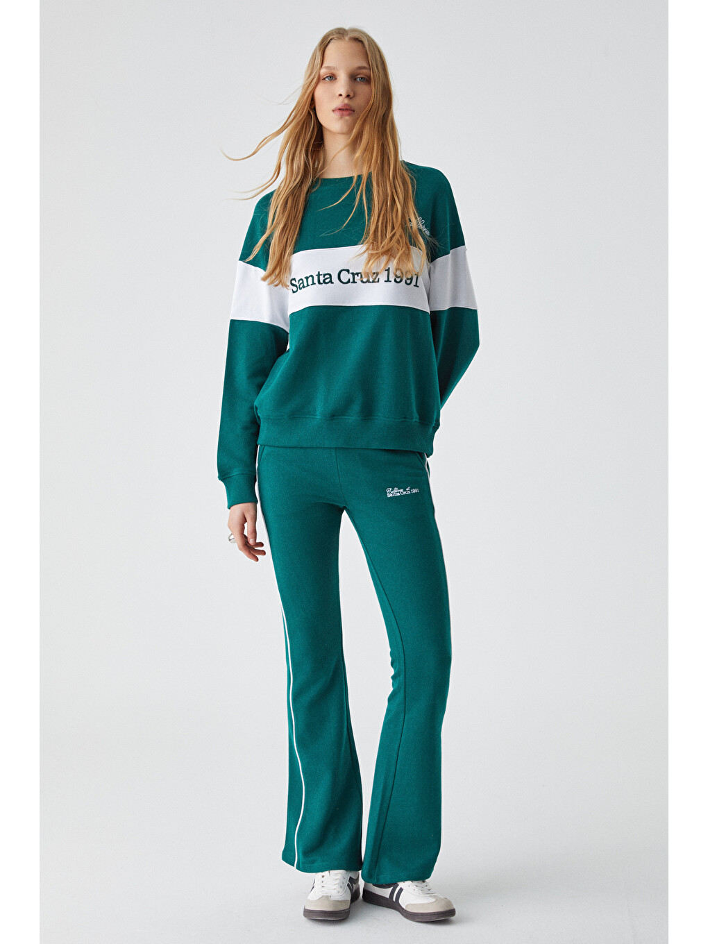 Nınoska Kadın Oversize Bisiklet Yaka Yeşil-beyaz Sweatshirt-1
