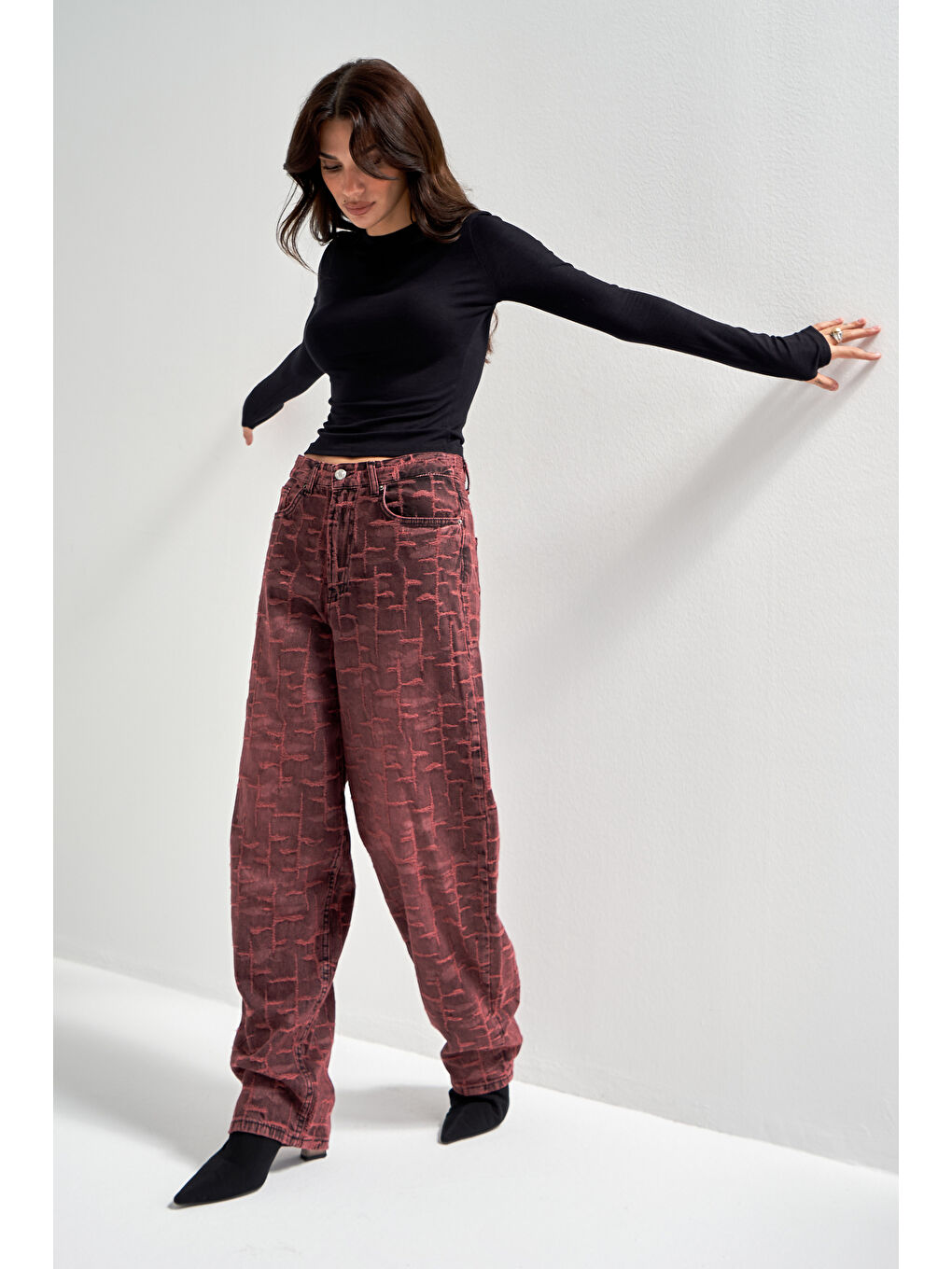 Kadın Bordo 4w5-151 Skater Fit Özel Kumaş Tasarım Denim Jean-3