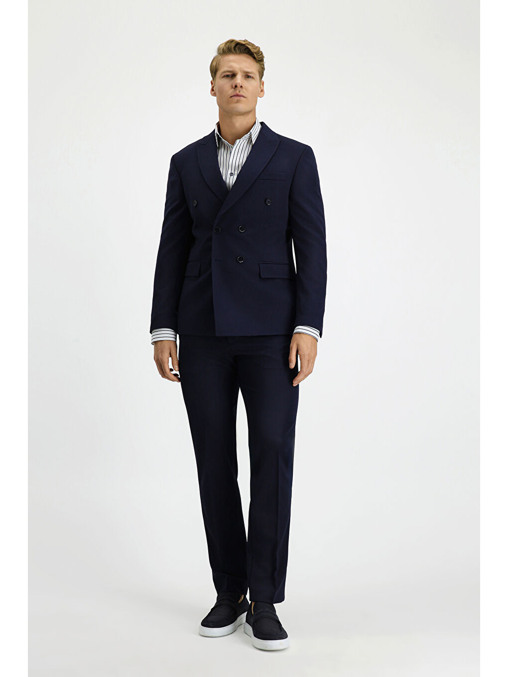 Lacivert Slim Fit Dar Kesim Kruvaze Takım Elbise-1