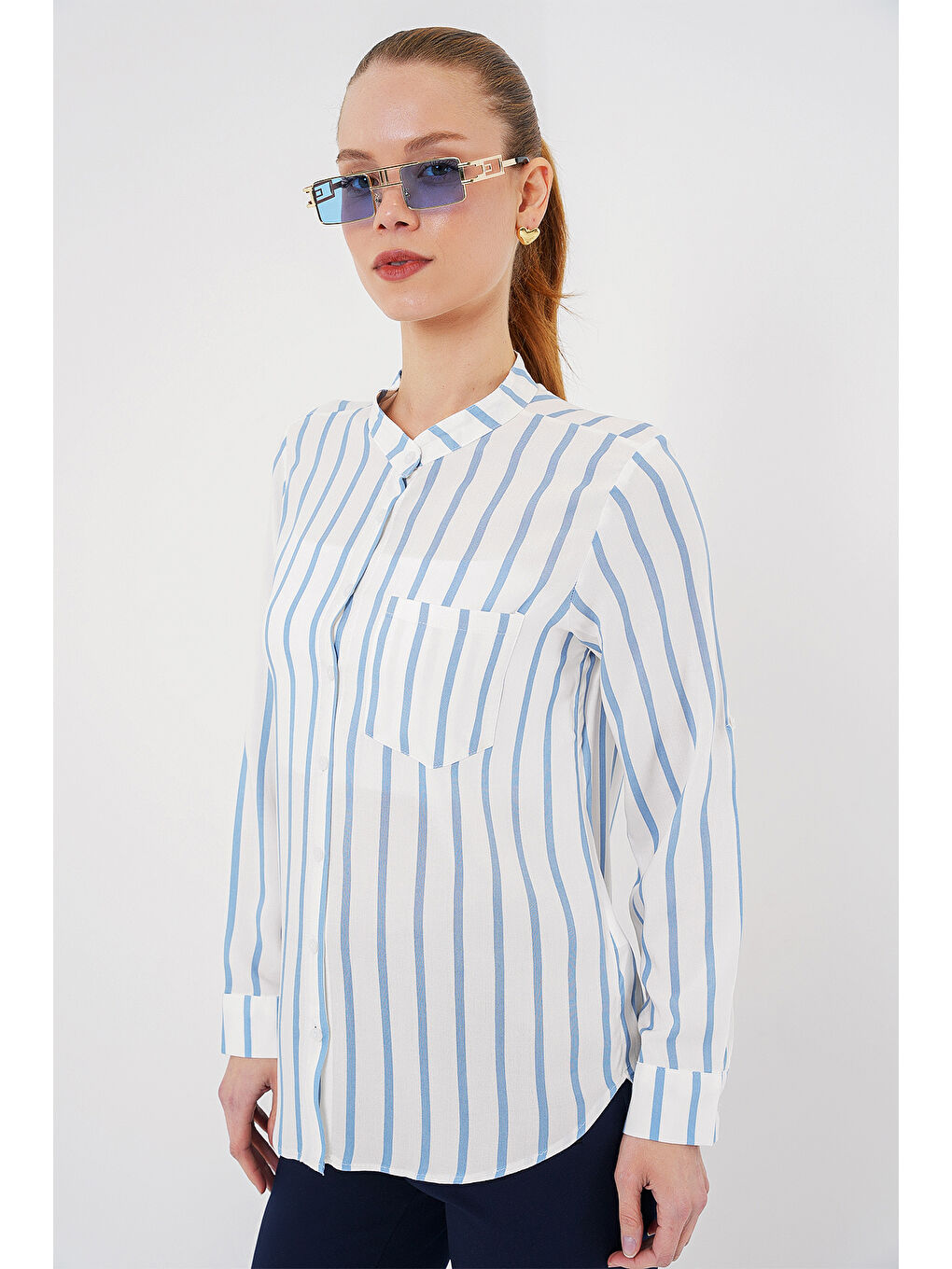 Kadın Uzun Kollu Çizgili Gömlek 20283 - Mavi-2