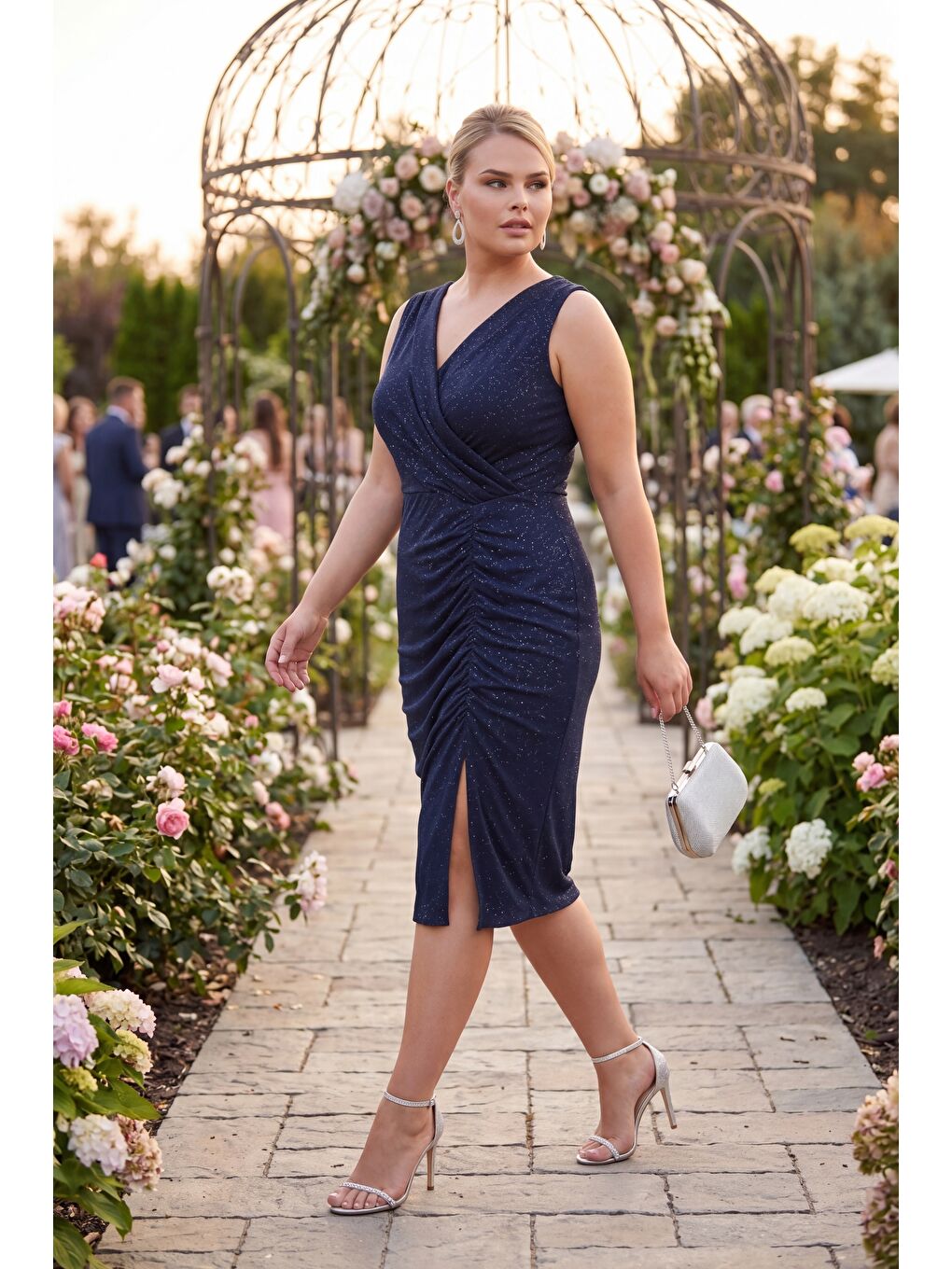 Kadın Lacivert Kruvaze Yaka Simli Büyük Beden Midi Abiye Elbise-4