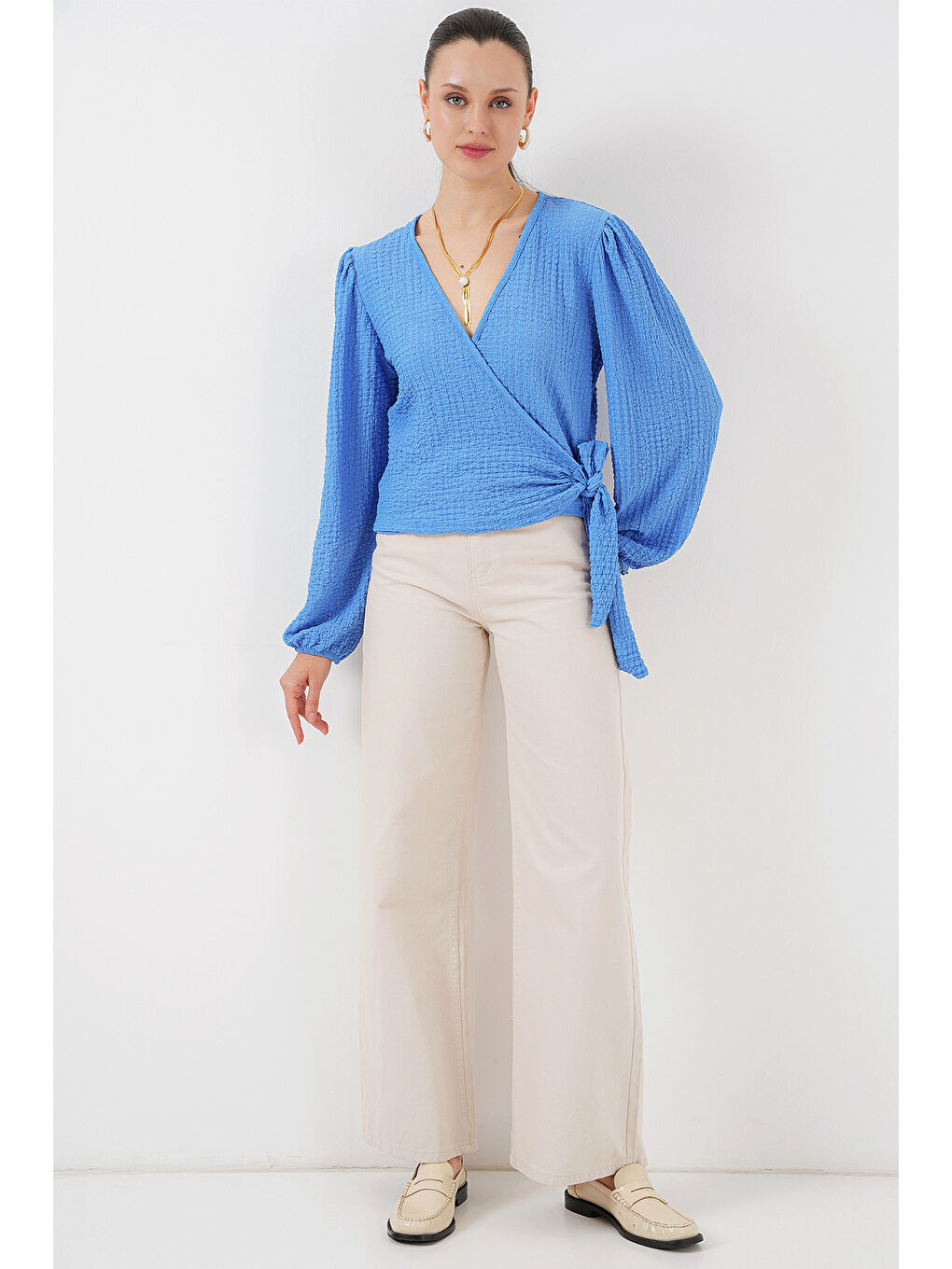 0441 Anvelop Örme Bluz - Mavi-1