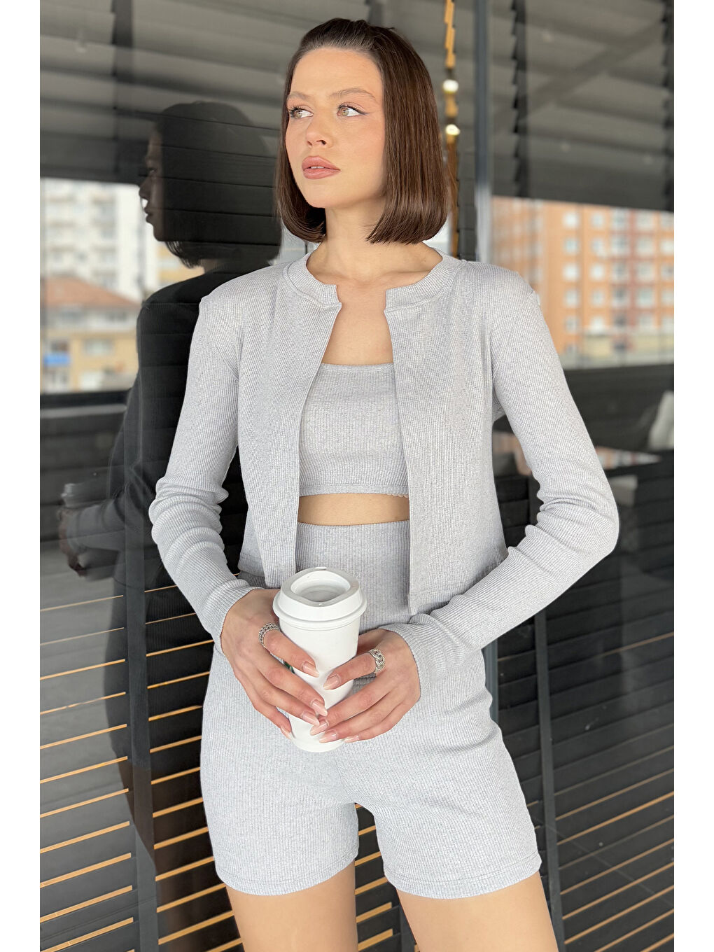 Gri Kadın Kaşkorse Crop Hırka Şort Üçlü Takım-1