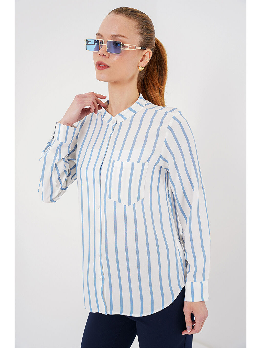 Kadın Uzun Kollu Çizgili Gömlek 20283 - Mavi-3