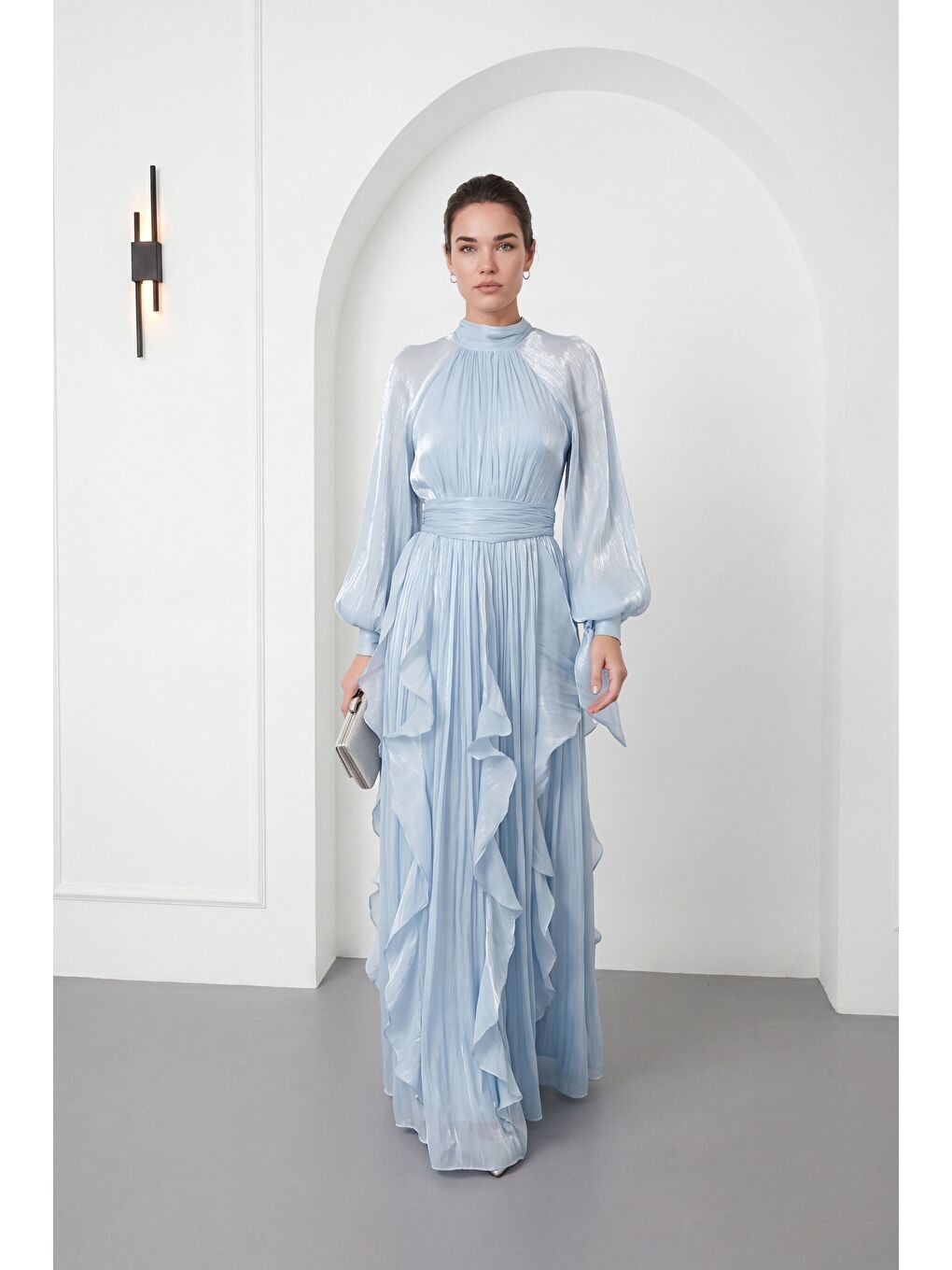 Kadın Bebe Mavi Hakim Yaka Volanlı Uzun Kol Davet Elbisesi-1