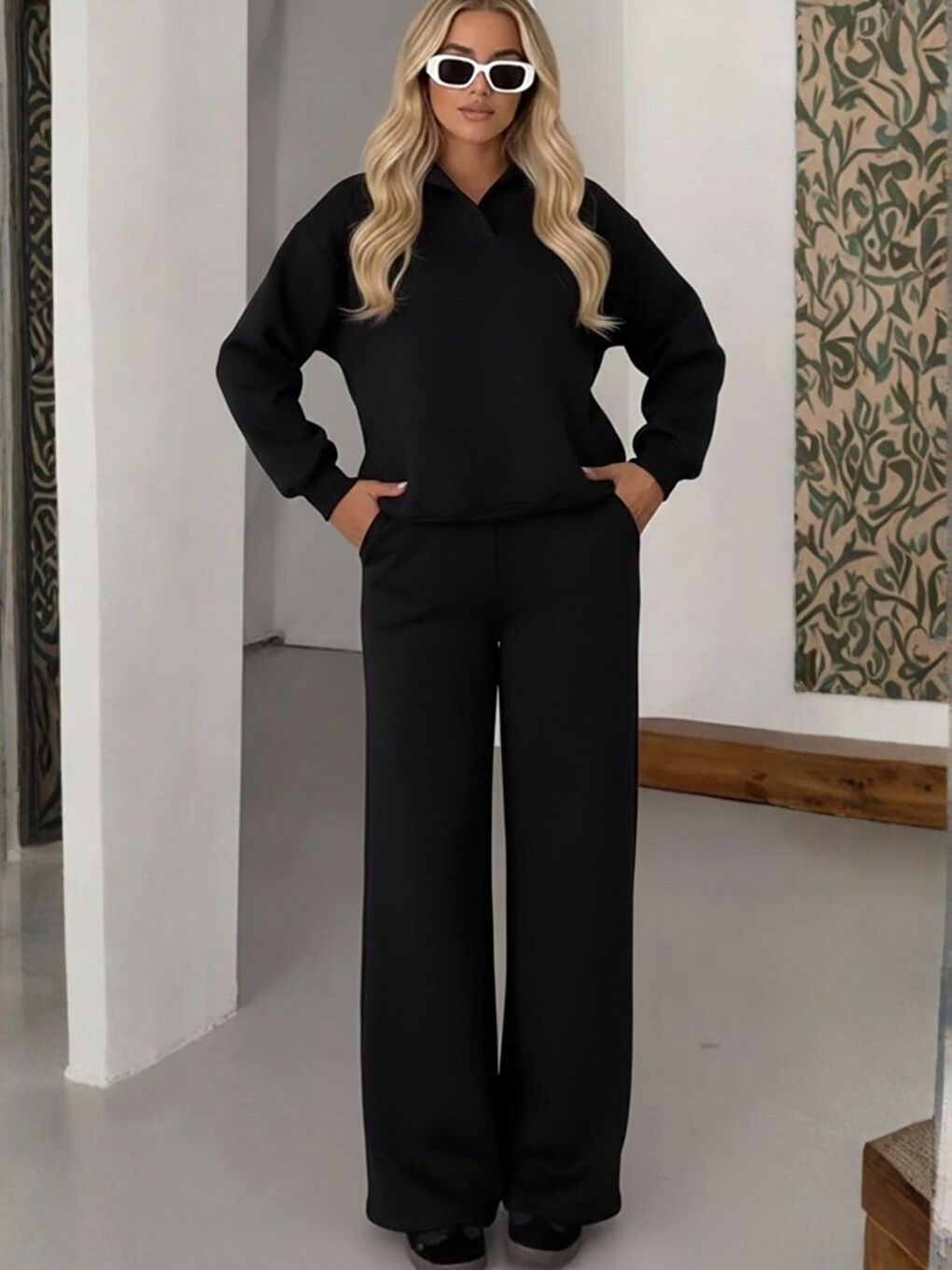 3 İplik Yüksek Pamuklu Kalın Kışlık Patlı Yaka Kapüşonlu Eşofman Takım Siyah-1