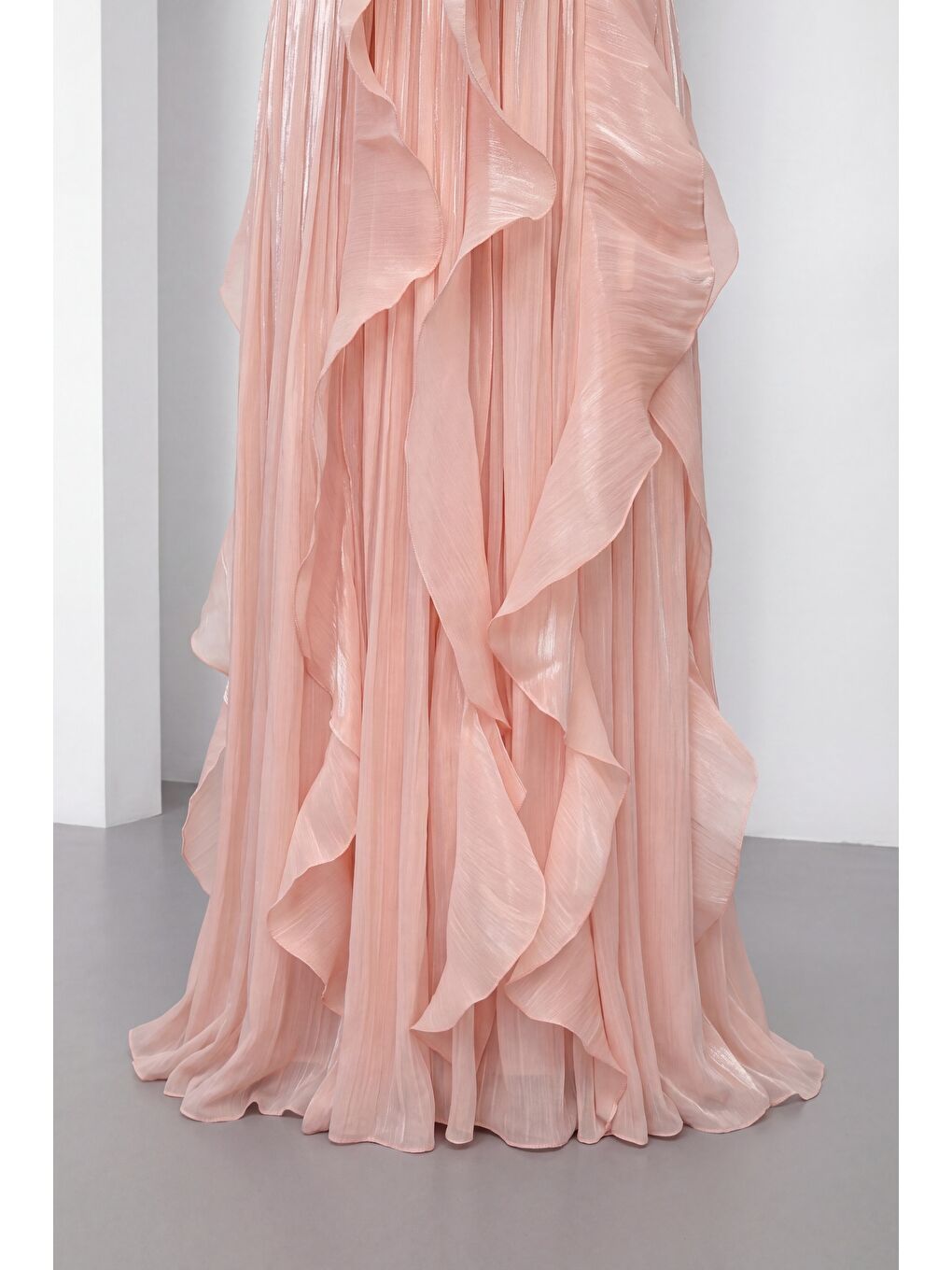 Kadın Pembe Hakim Yaka Volanlı Uzun Kol Davet Elbisesi-2