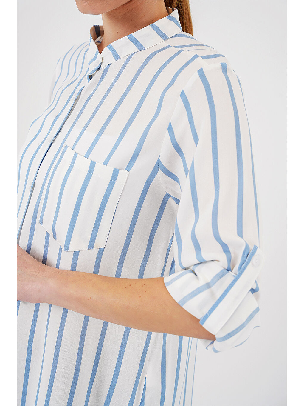 Kadın Uzun Kollu Çizgili Gömlek 20283 - Mavi-4