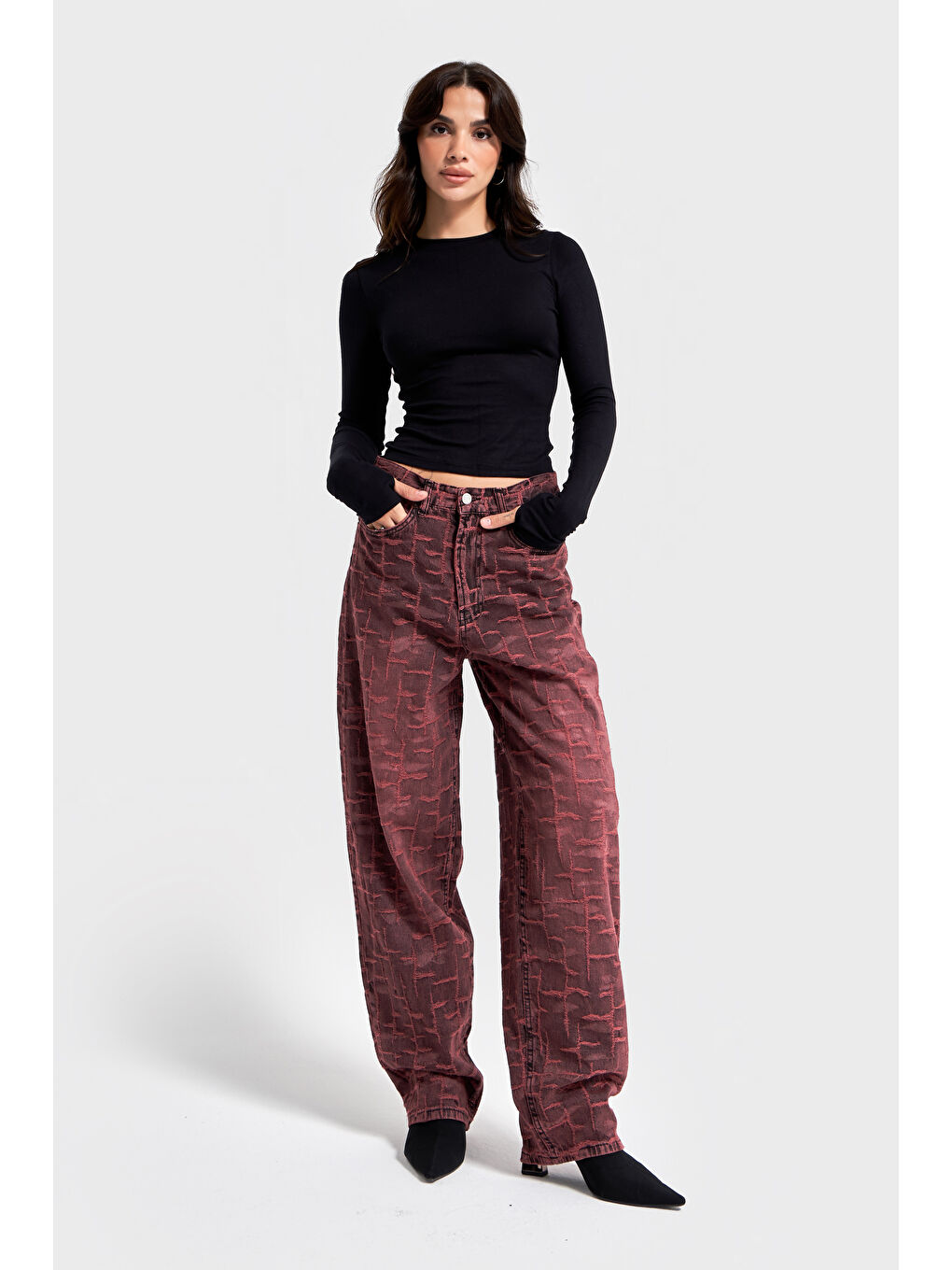 Kadın Bordo 4w5-151 Skater Fit Özel Kumaş Tasarım Denim Jean-4