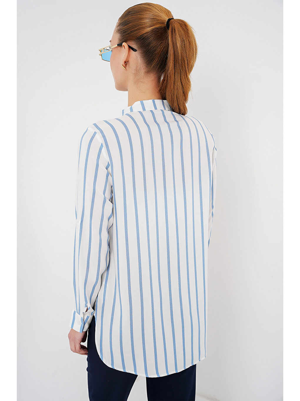 Kadın Uzun Kollu Çizgili Gömlek 20283 - Mavi-5