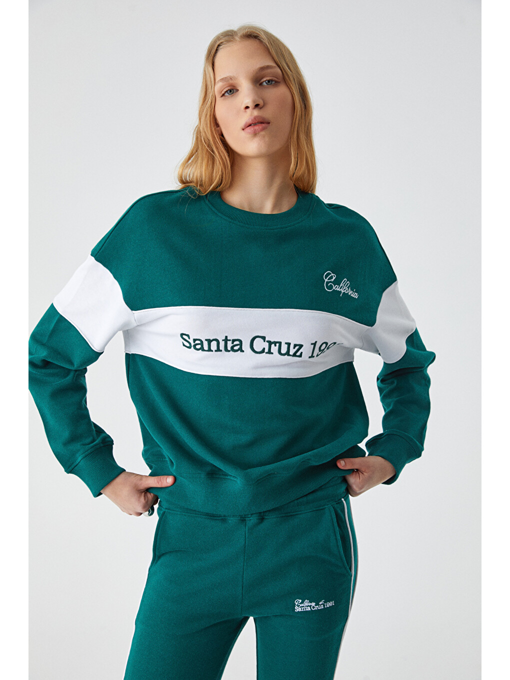 Nınoska Kadın Oversize Bisiklet Yaka Yeşil-beyaz Sweatshirt-2