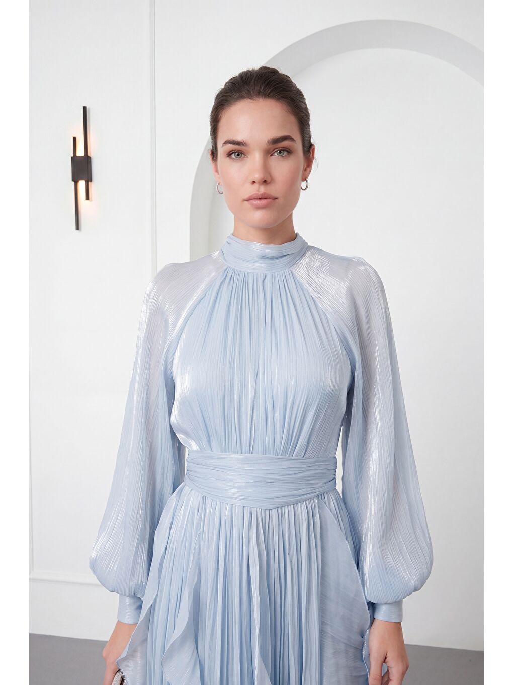 Kadın Bebe Mavi Hakim Yaka Volanlı Uzun Kol Davet Elbisesi-2