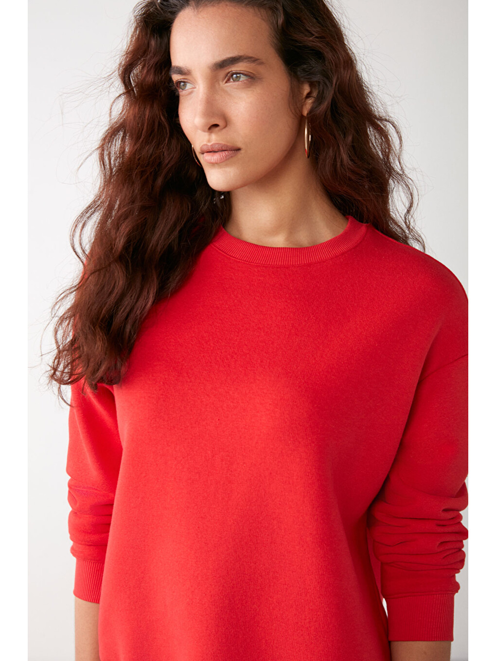 Vaneltına Kadın Organik Pamuklu Yumuşacık İçi Polarlı Yuvarlak Yakalı Kırmızı Sweatshirt-1