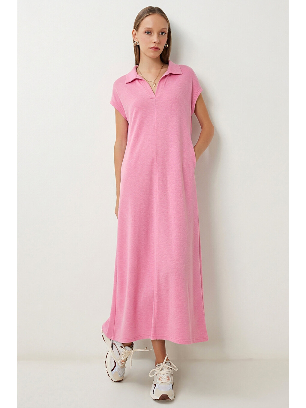 Pembe Polo Yaka Cepli Örme Elbise PEMBE LDZ0038-1