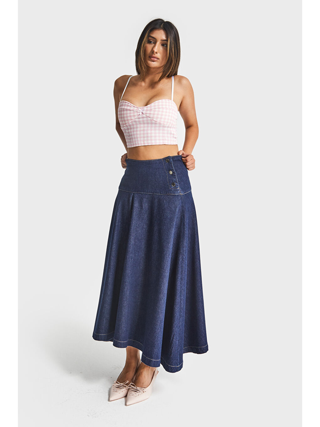 Kadın İndigo Renk 7w5-50 Maxi Boy Çan Kesim A Tipi %100 Pamuk Denim Etek-1