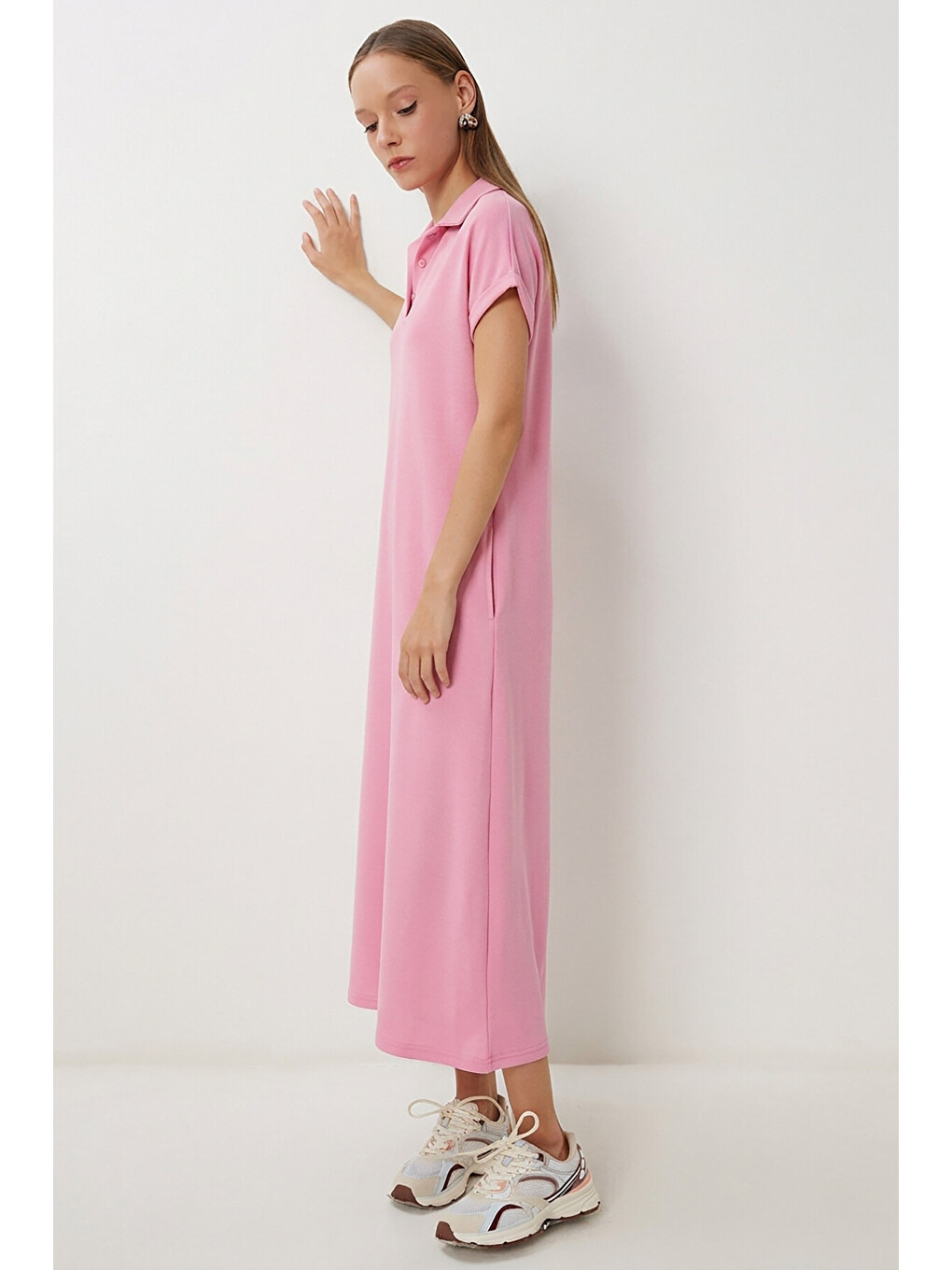 Pembe Polo Yaka Cepli Örme Elbise PEMBE LDZ0038-2