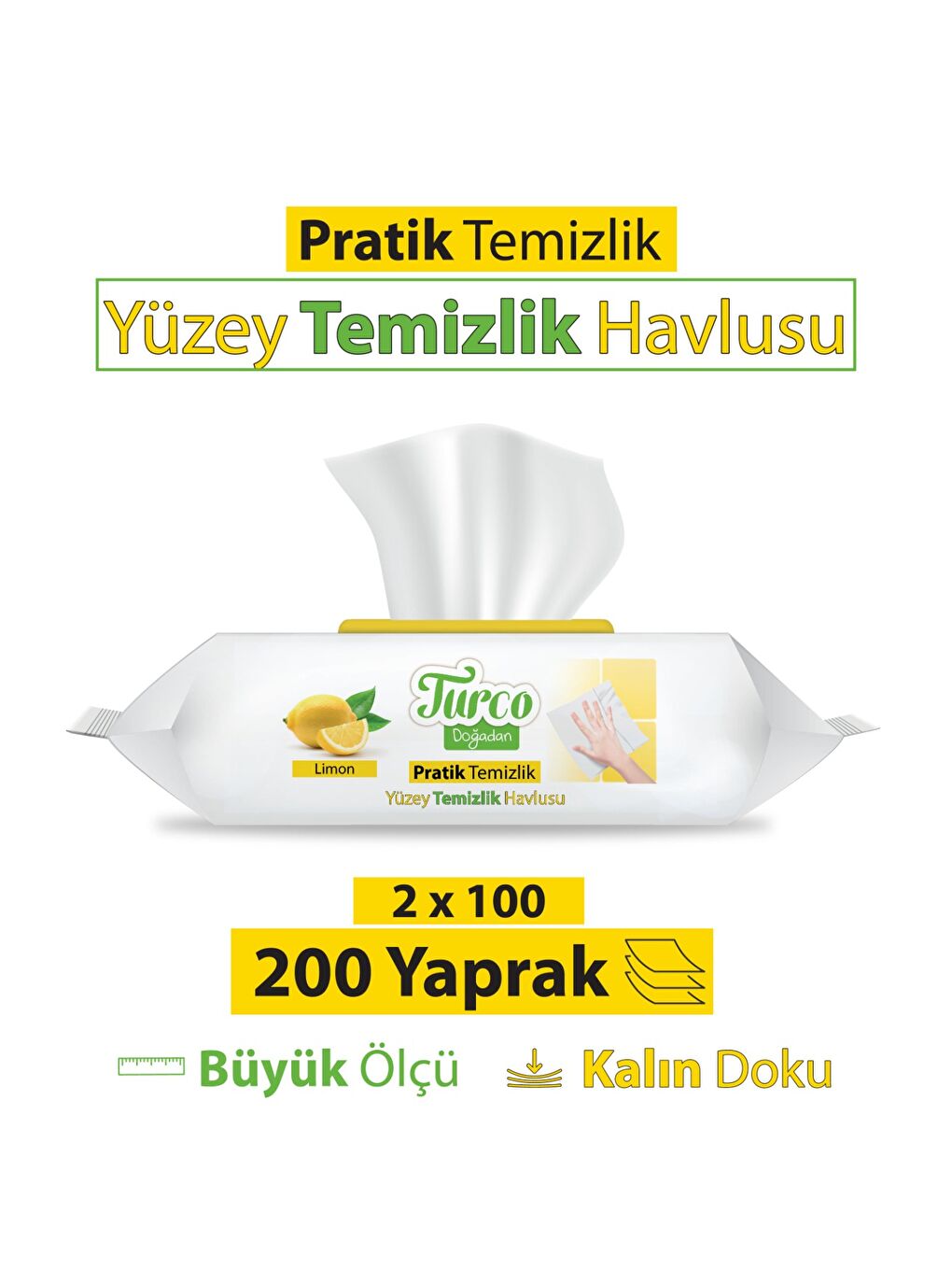 Turco Doğadan Pratik Yüzey Temizlik Havlusu Limon 2x100 (200 Yaprak)