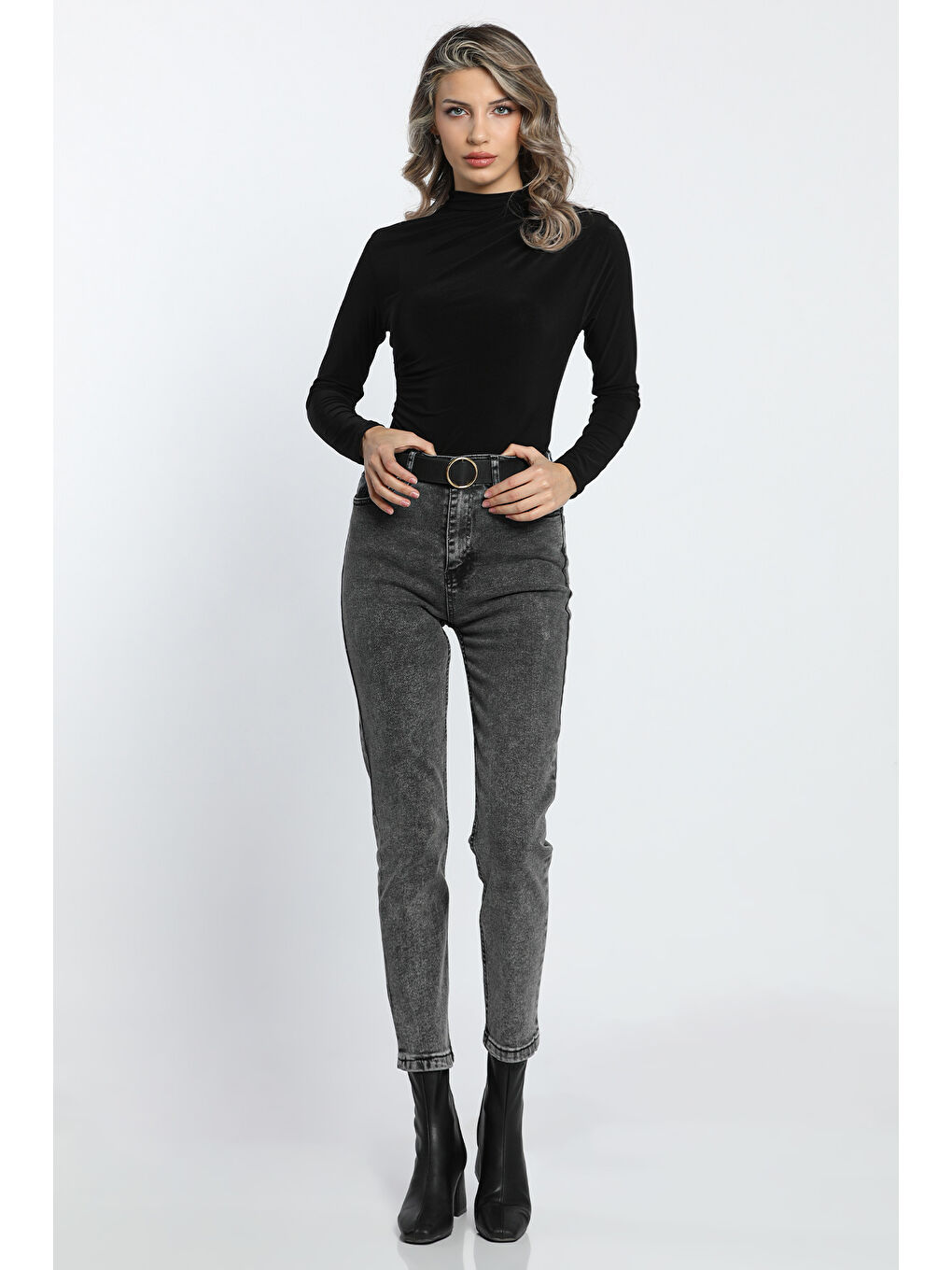 Antrasit Yüksek Bel Elastanlı Mom Jean Kadın Pantolon-1