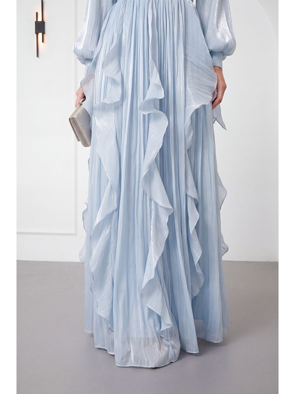 Kadın Bebe Mavi Hakim Yaka Volanlı Uzun Kol Davet Elbisesi-3