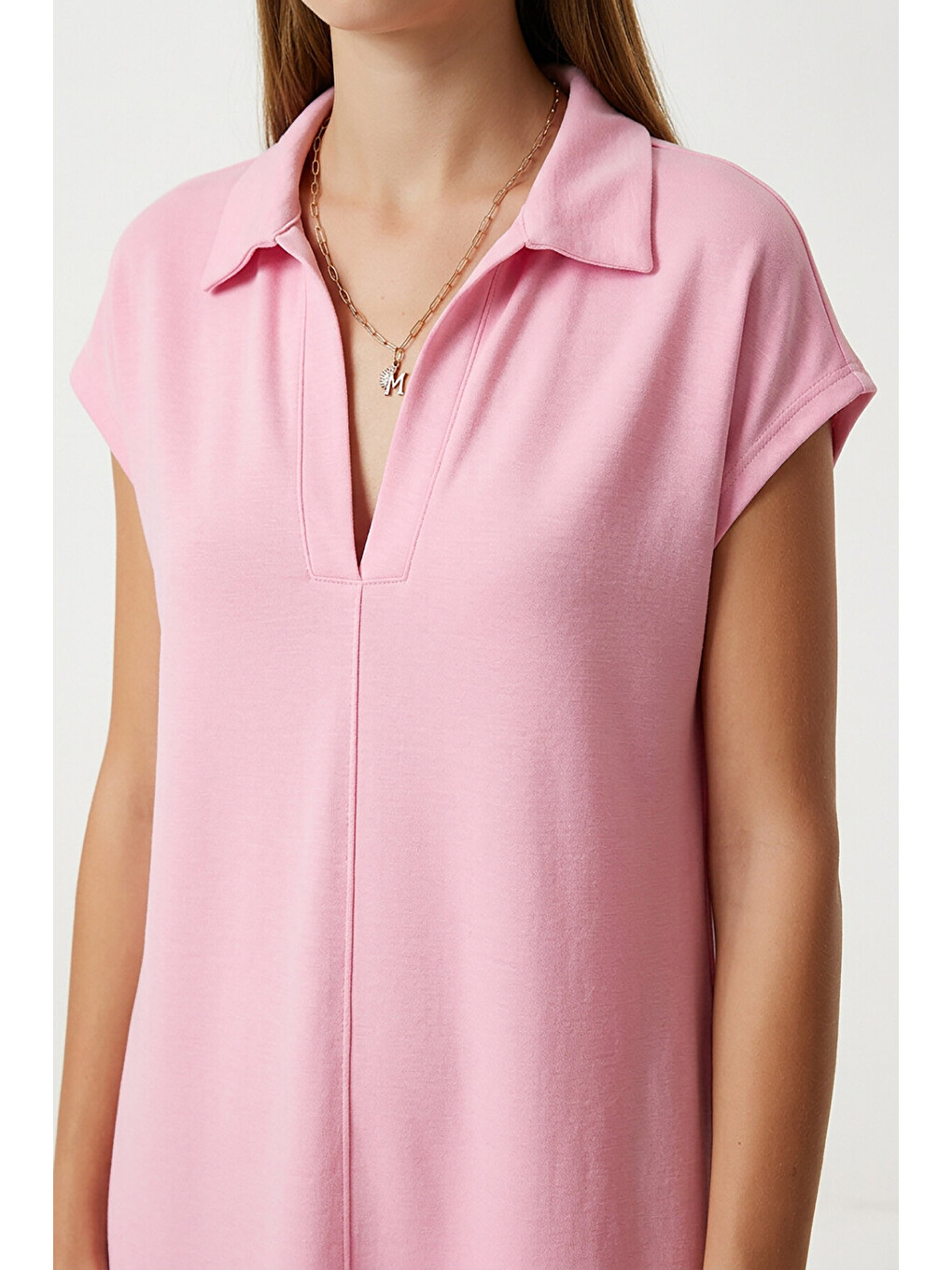 Pembe Polo Yaka Cepli Örme Elbise PEMBE LDZ0038-3
