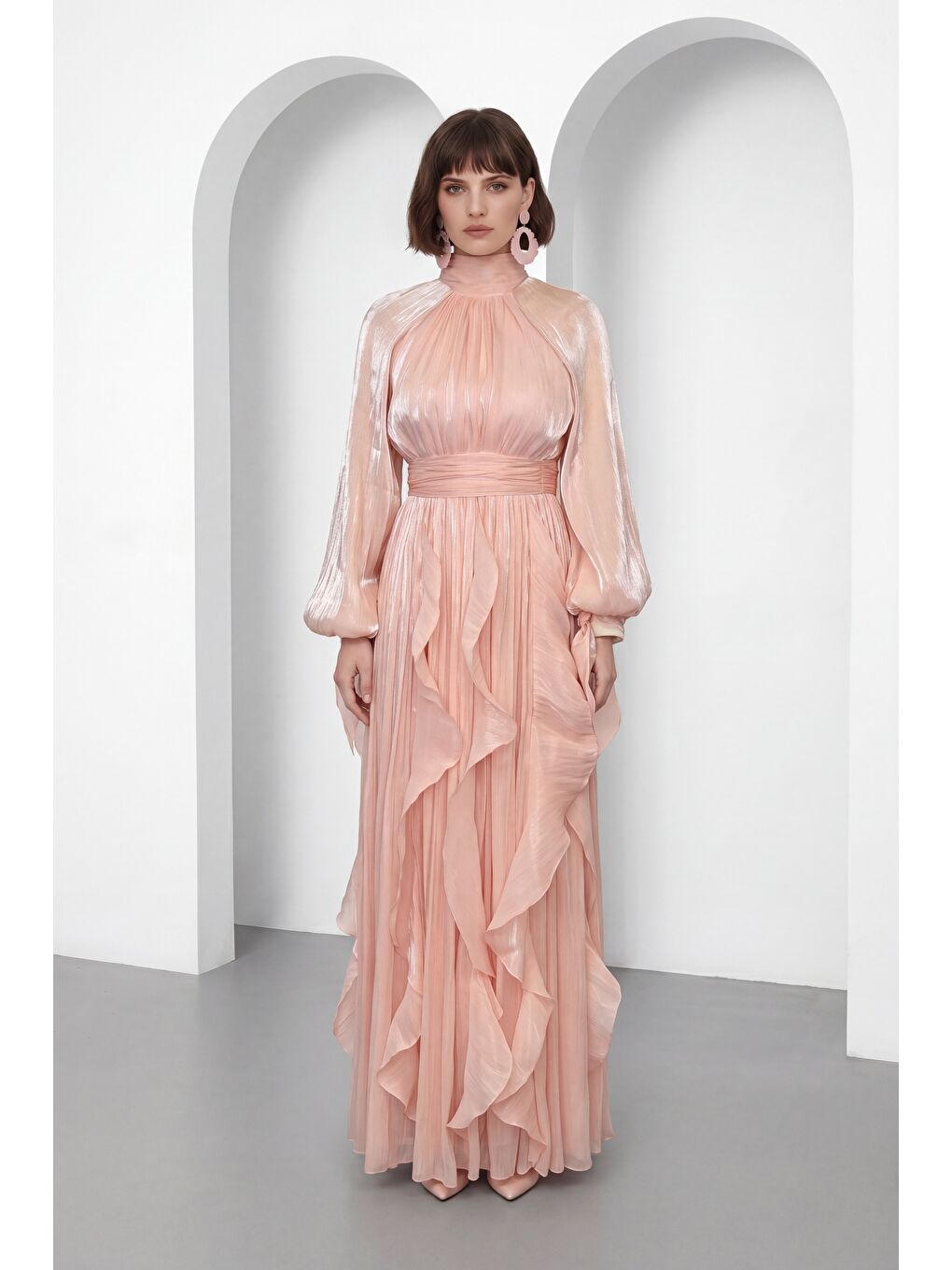 Kadın Pembe Hakim Yaka Volanlı Uzun Kol Davet Elbisesi-3