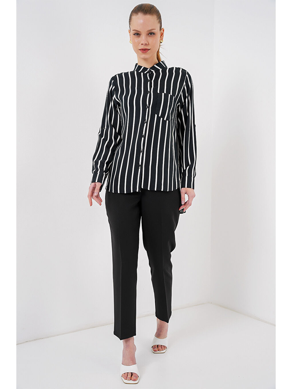Kadın Uzun Kollu Çizgili Gömlek 20283 - Siyah-1