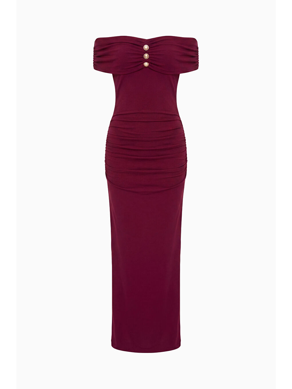Kadın Bordo Kayık Yaka Gold Aksesuar Detay Maxi Davet Elbisesi-6