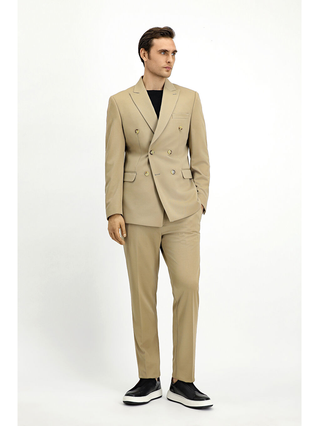 Bej Slim Fit Dar Kesim Kruvaze Takım Elbise