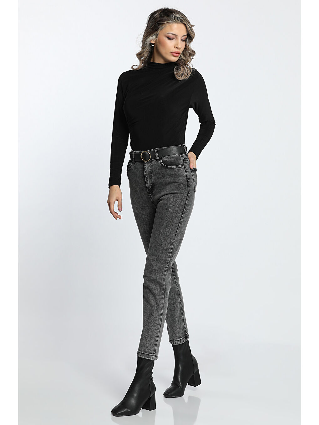 Antrasit Yüksek Bel Elastanlı Mom Jean Kadın Pantolon-2