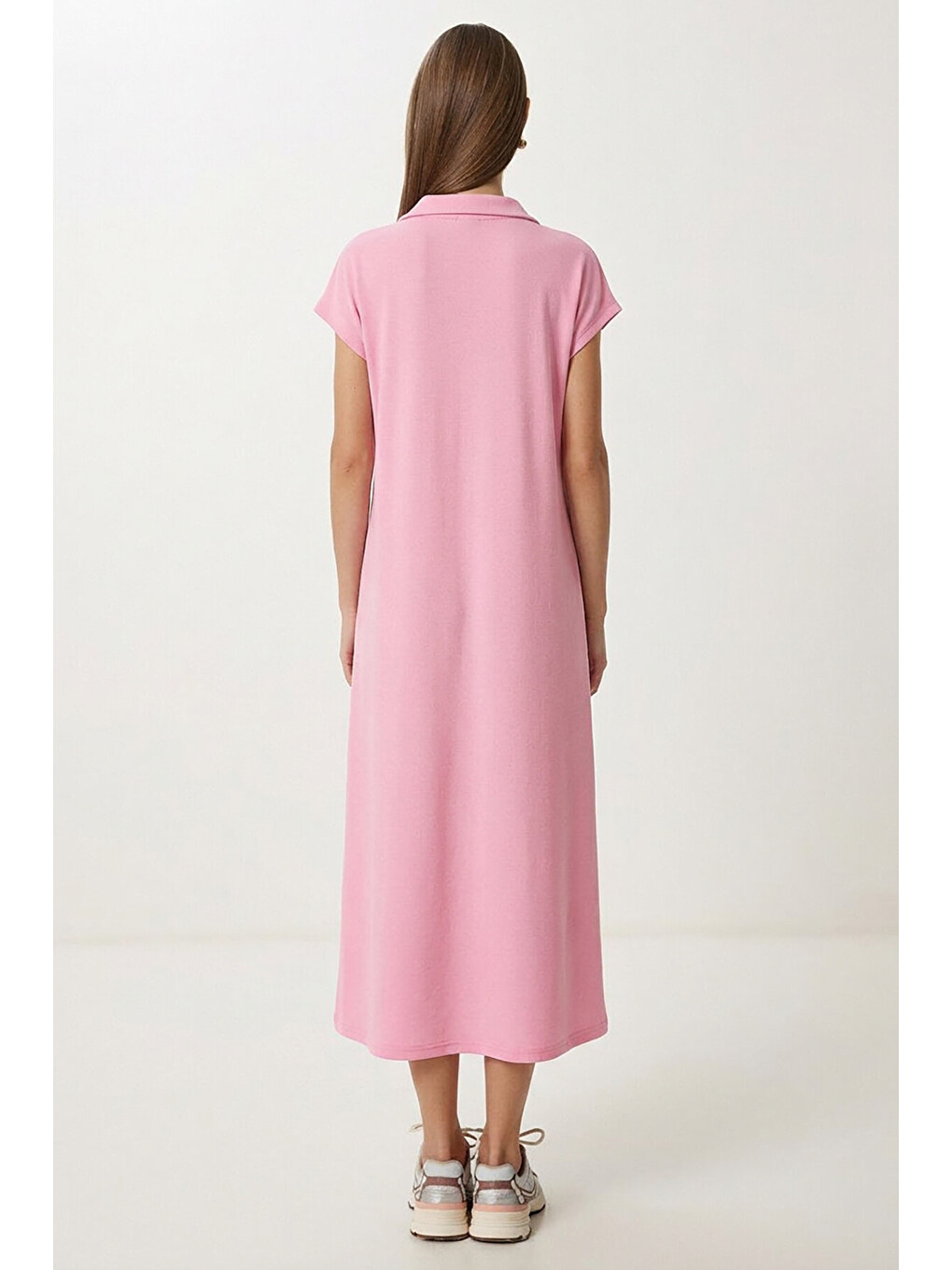 Pembe Polo Yaka Cepli Örme Elbise PEMBE LDZ0038-4