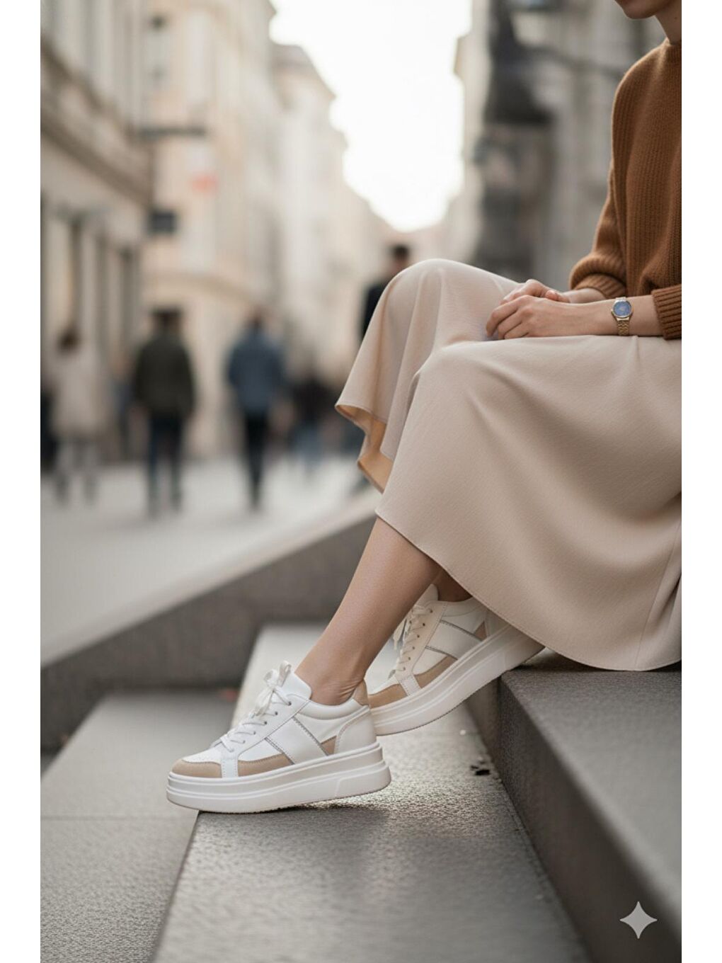 Garantili Tetra Bej-Beyaz Günlük Ortopedik Kadın Sneaker Spor Ayakkabı-1