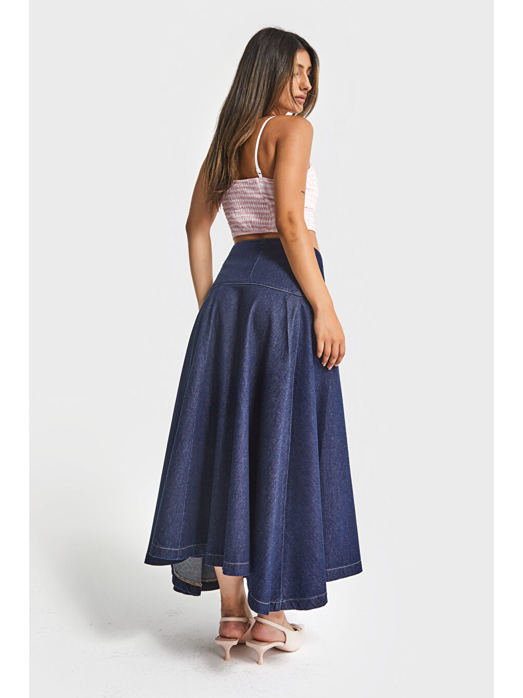 Kadın İndigo Renk 7w5-50 Maxi Boy Çan Kesim A Tipi %100 Pamuk Denim Etek-3