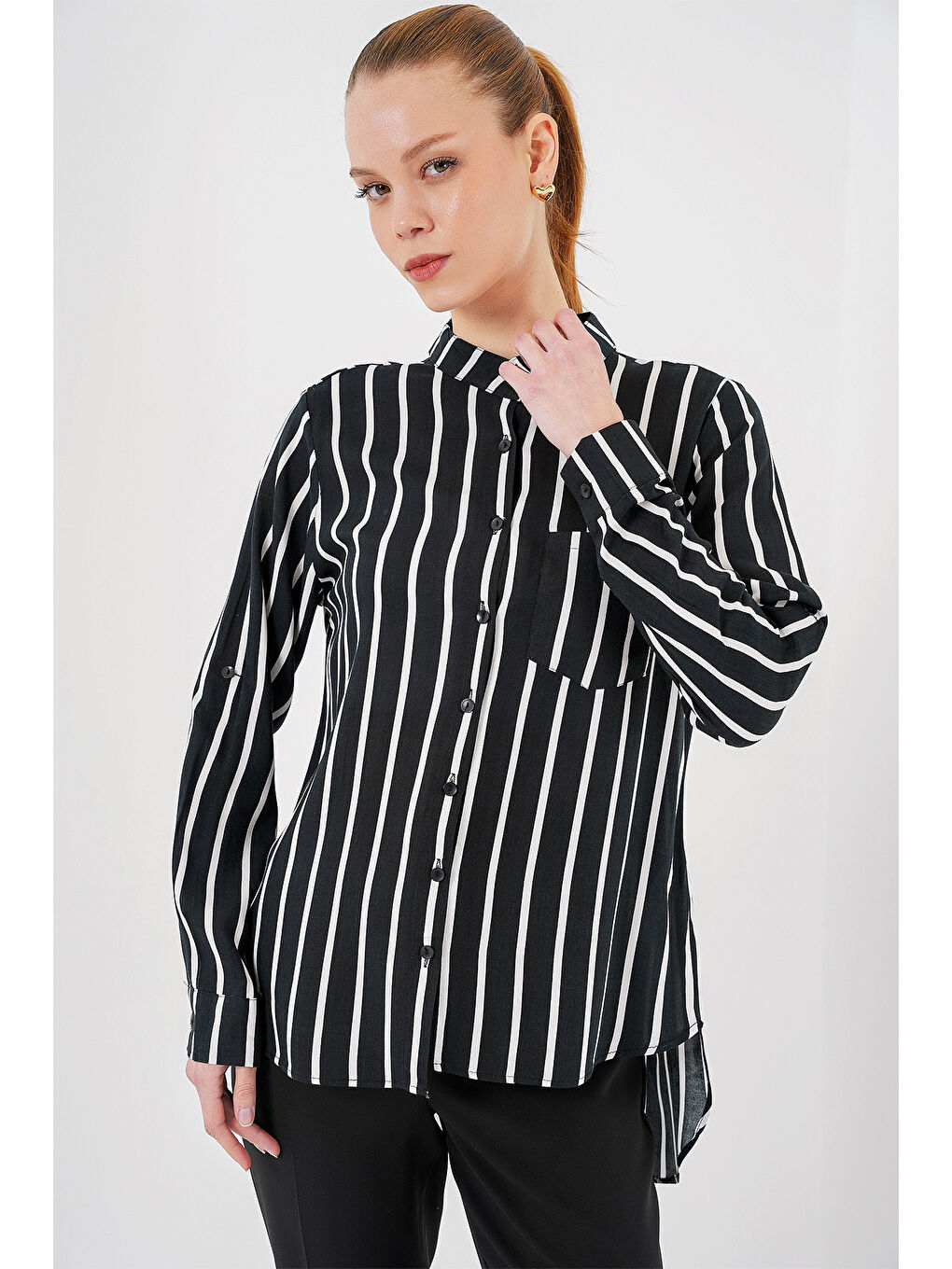 Kadın Uzun Kollu Çizgili Gömlek 20283 - Siyah-3