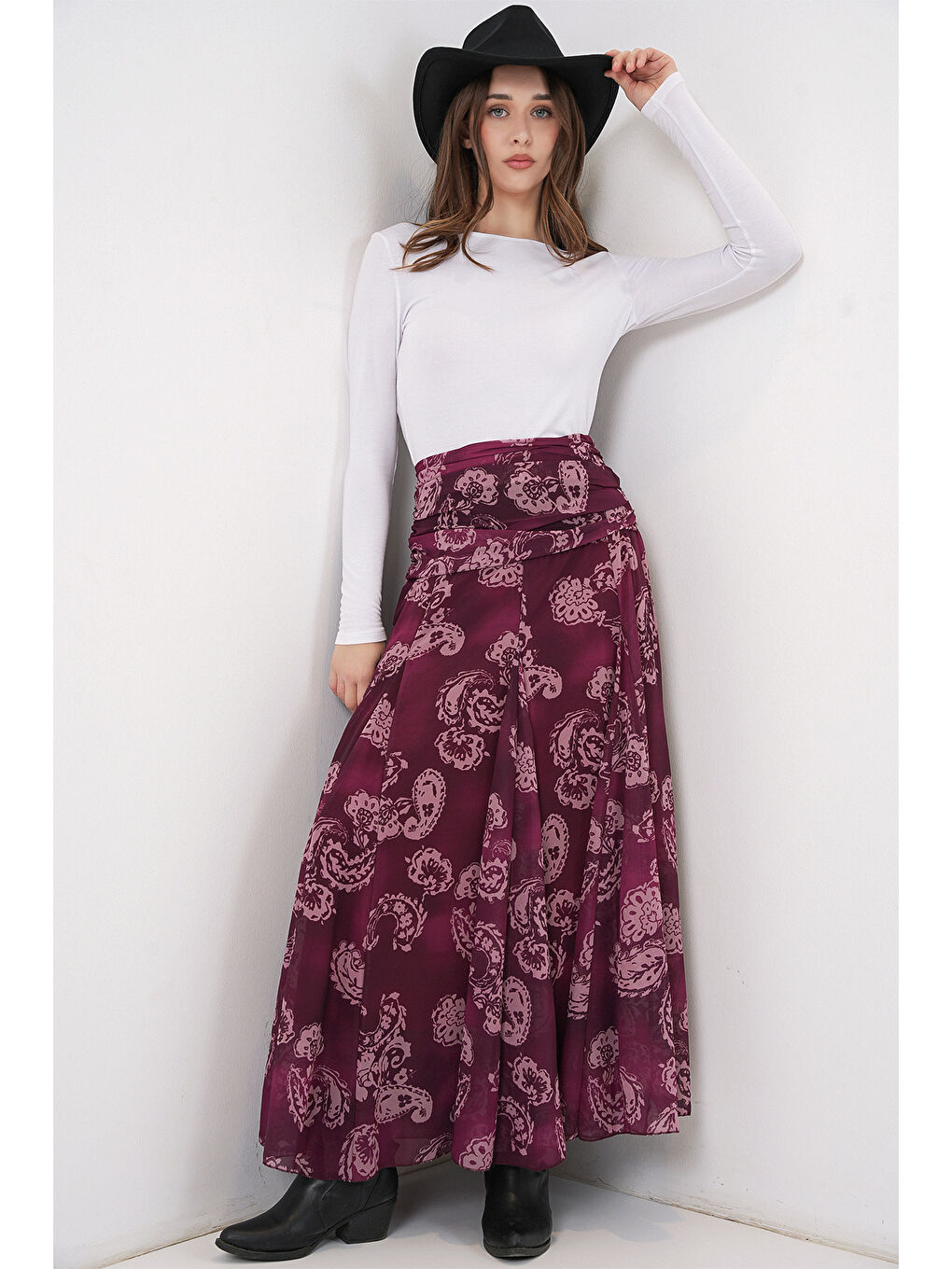 Kadın Desenli Şifon Etek 8057 - Bordo