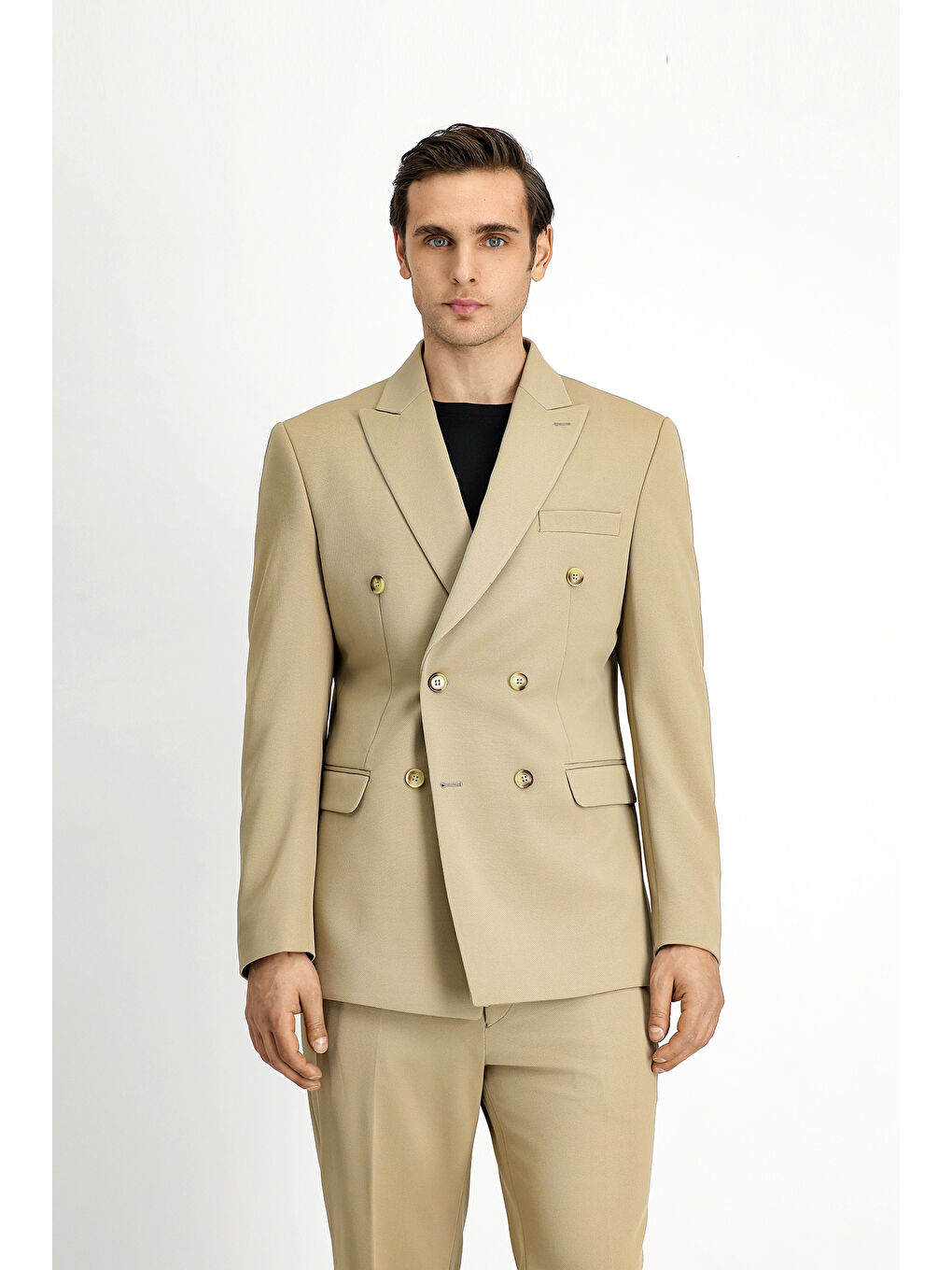 Bej Slim Fit Dar Kesim Kruvaze Takım Elbise-1