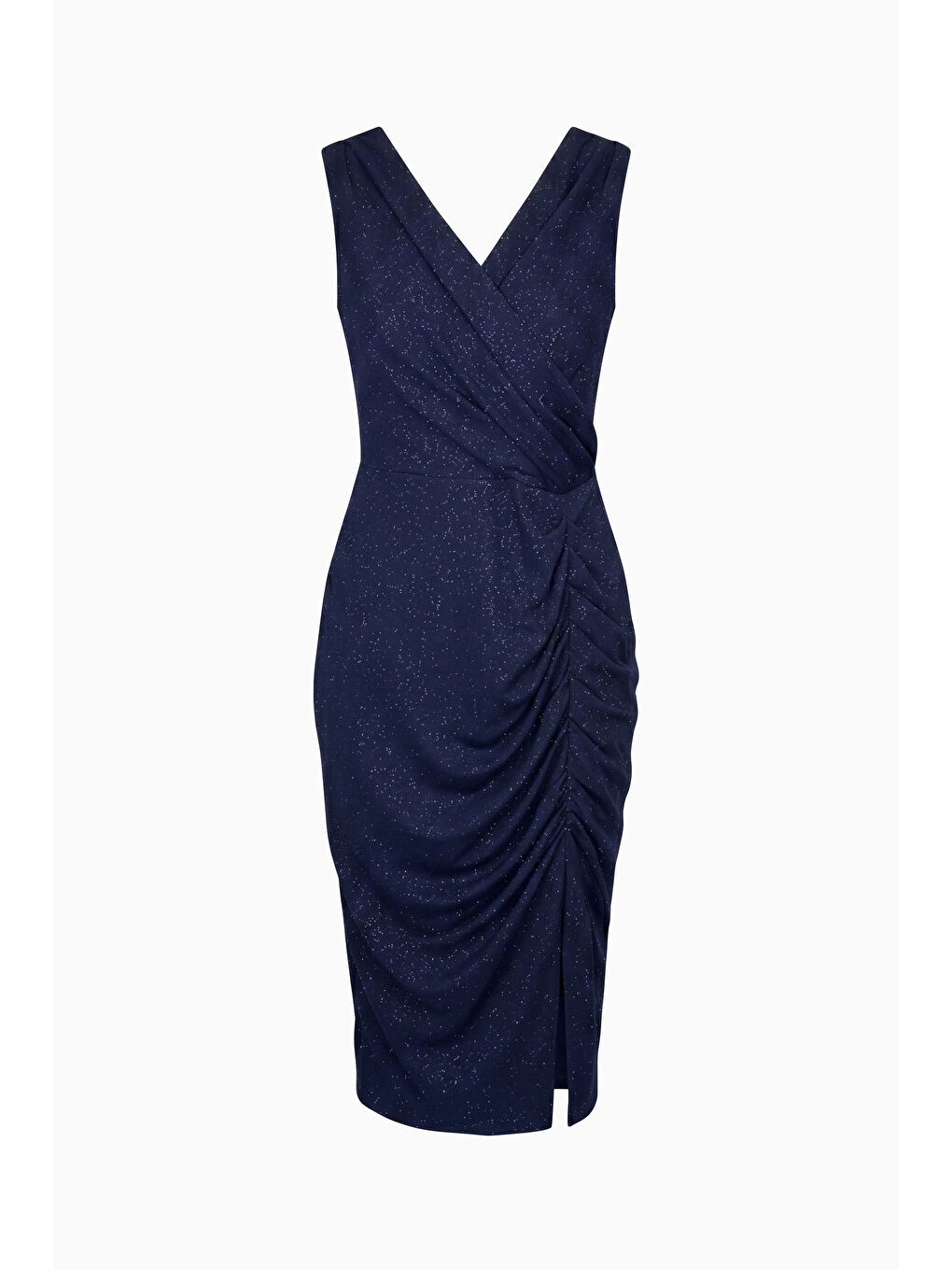 Kadın Lacivert Kruvaze Yaka Simli Büyük Beden Midi Abiye Elbise-6