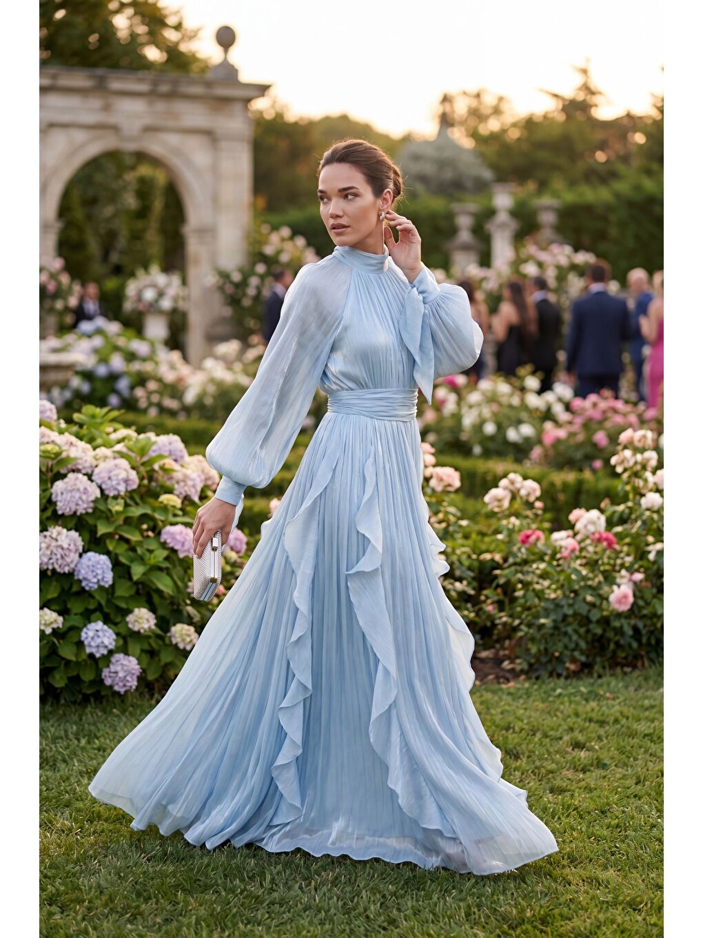 Kadın Bebe Mavi Hakim Yaka Volanlı Uzun Kol Davet Elbisesi-4