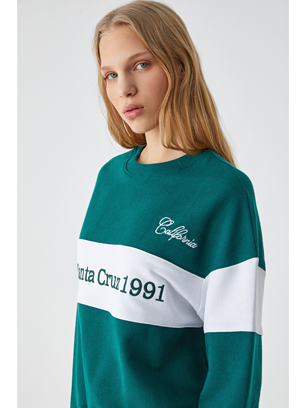 Nınoska Kadın Oversize Bisiklet Yaka Yeşil-beyaz Sweatshirt-3