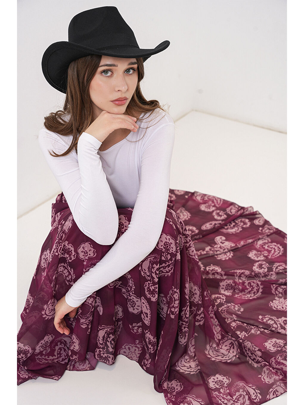 Kadın Desenli Şifon Etek 8057 - Bordo-1