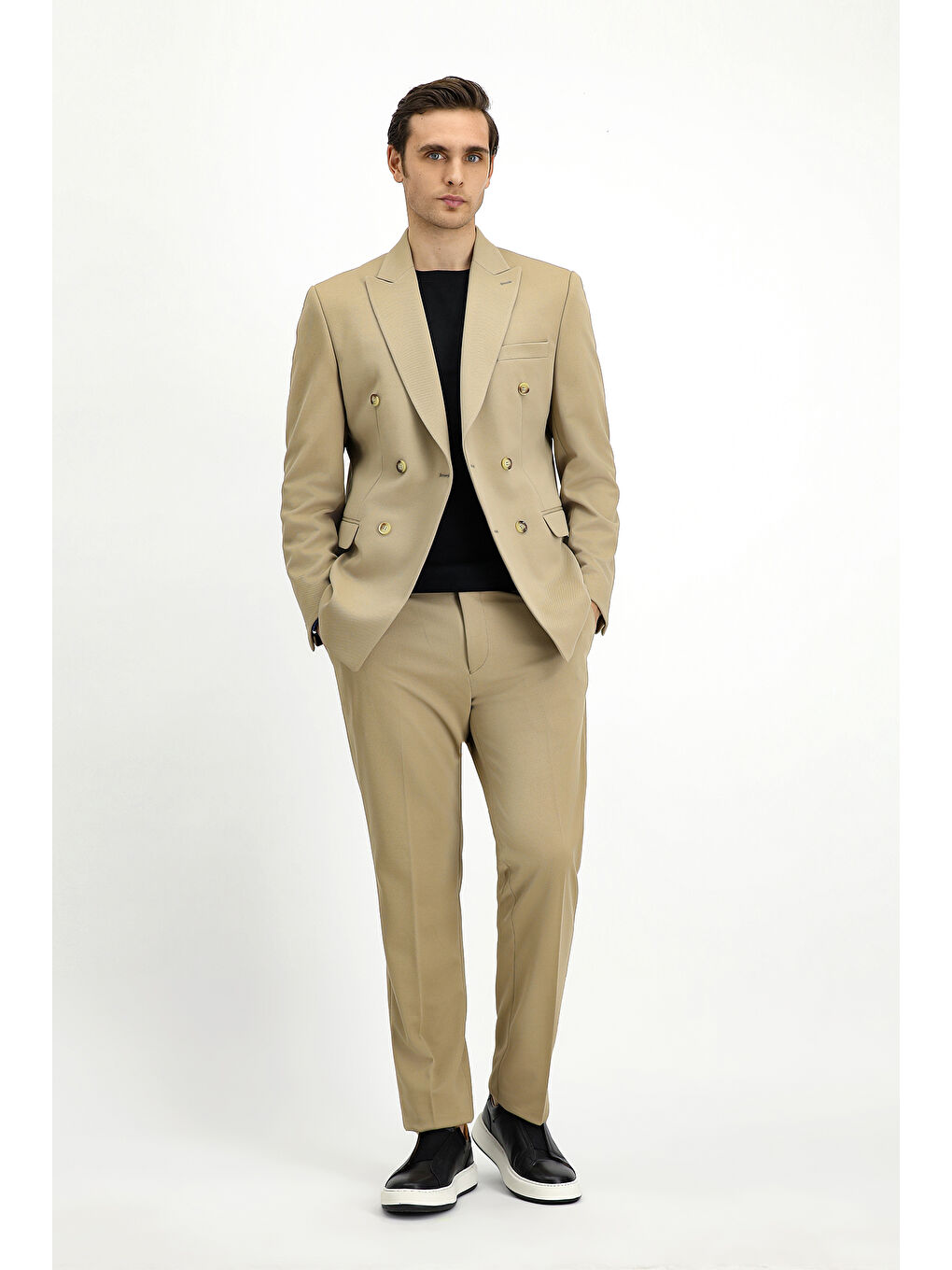 Bej Slim Fit Dar Kesim Kruvaze Takım Elbise-3