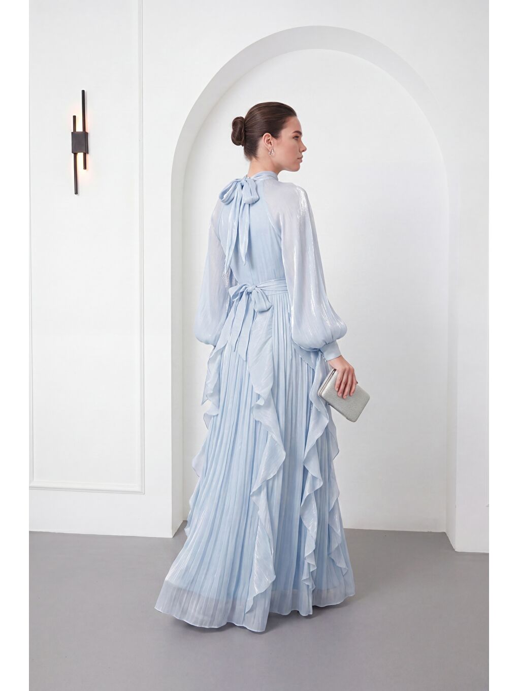 Kadın Bebe Mavi Hakim Yaka Volanlı Uzun Kol Davet Elbisesi-5