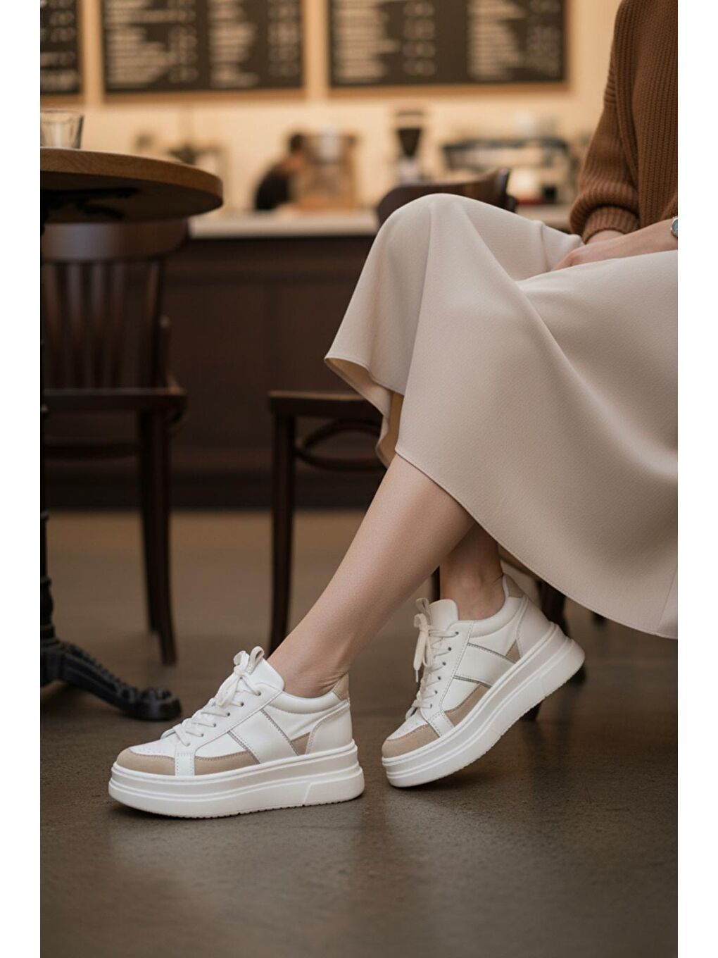 Garantili Tetra Bej-Beyaz Günlük Ortopedik Kadın Sneaker Spor Ayakkabı-2