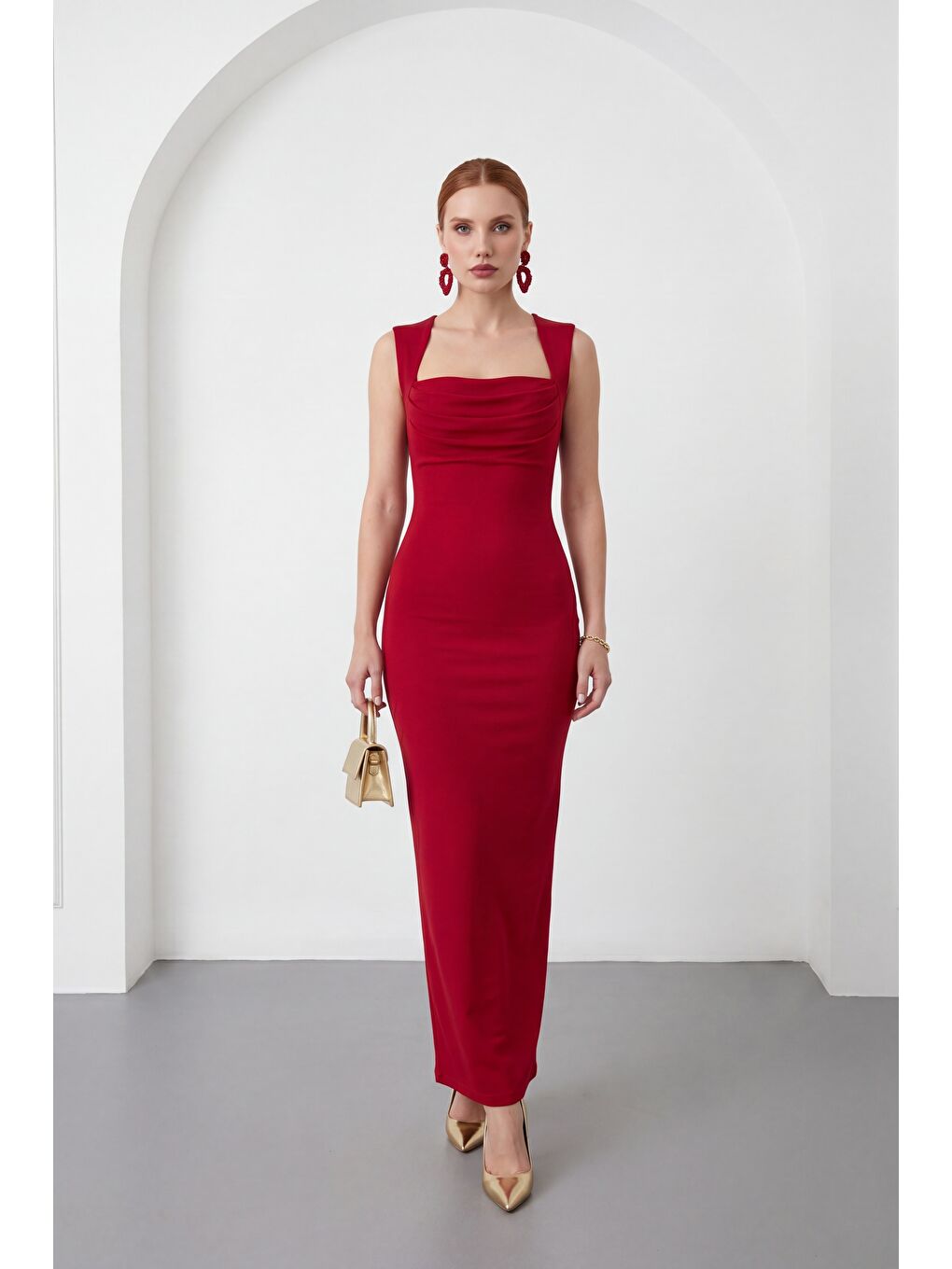 Kadın Bordo Kare Yaka Kolsuz Krep Davet Elbisesi-1