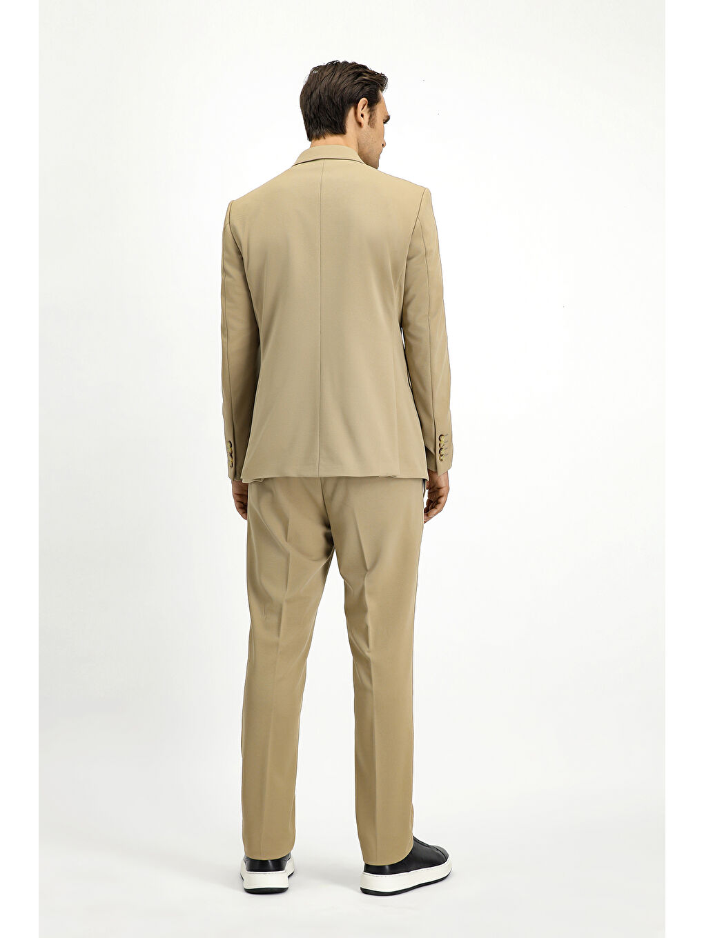 Bej Slim Fit Dar Kesim Kruvaze Takım Elbise-4