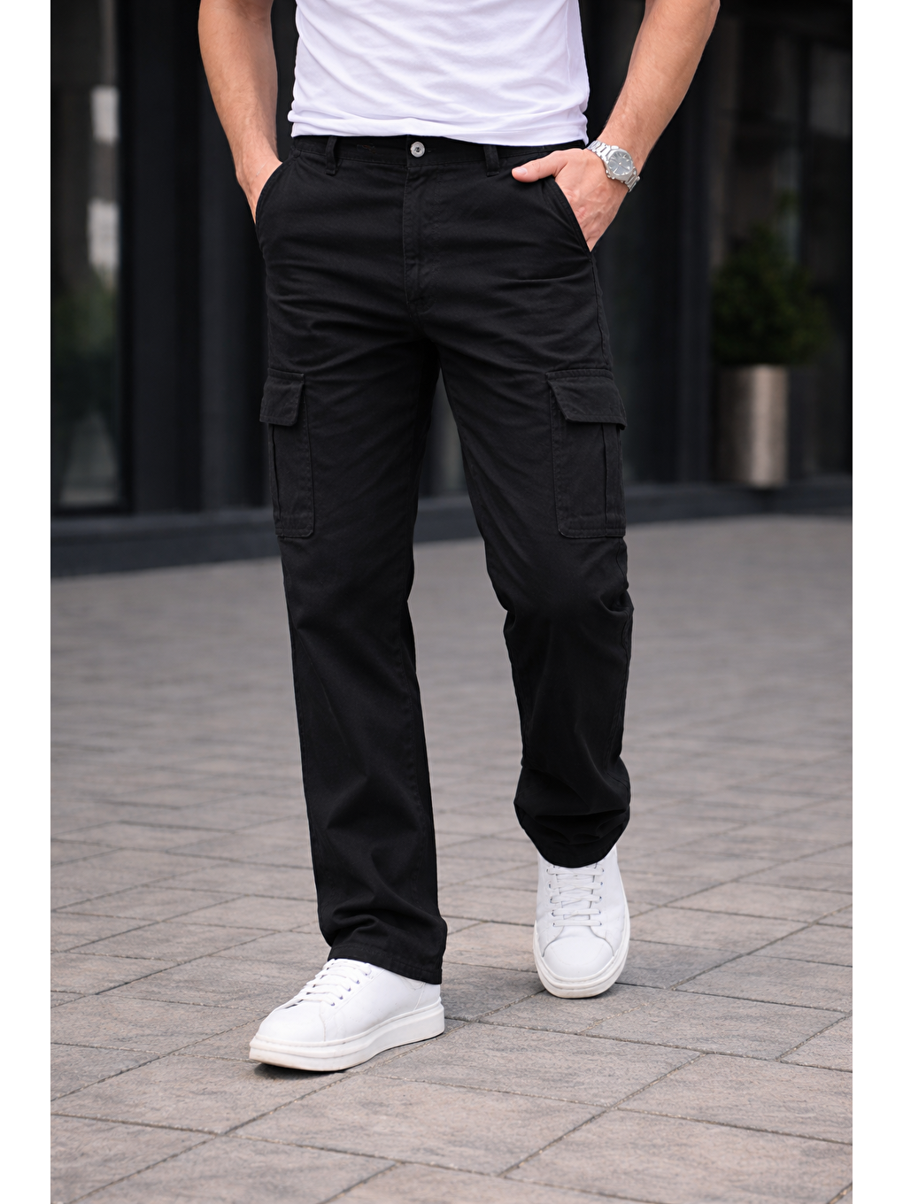 Erkek Trend Bol Paça Günlük Kargo Siyah Baggy Pantolon