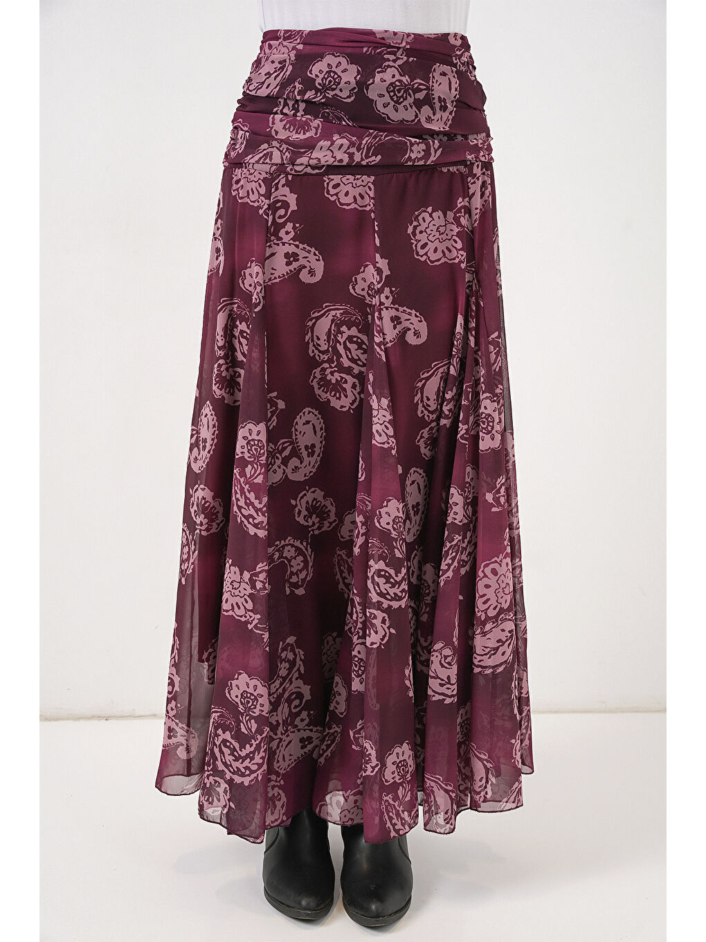 Kadın Desenli Şifon Etek 8057 - Bordo-2