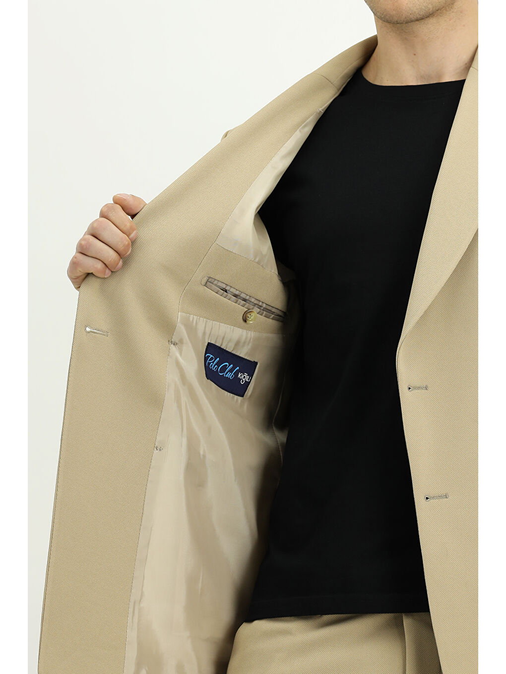 Bej Slim Fit Dar Kesim Kruvaze Takım Elbise-5