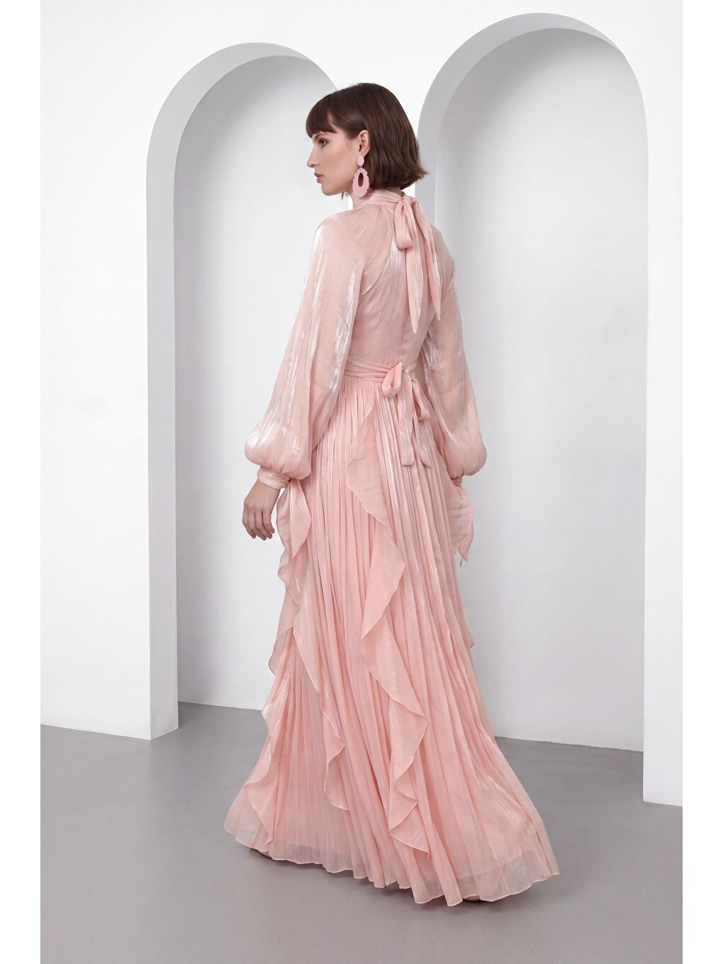 Kadın Pembe Hakim Yaka Volanlı Uzun Kol Davet Elbisesi-5