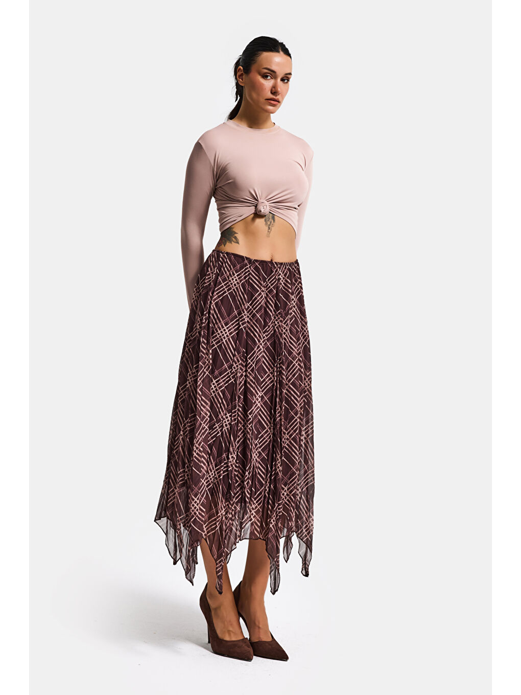 Kahverengi Kadın Kahve Ekose s6-6 Maxi Boy Saten Kumaş Etek